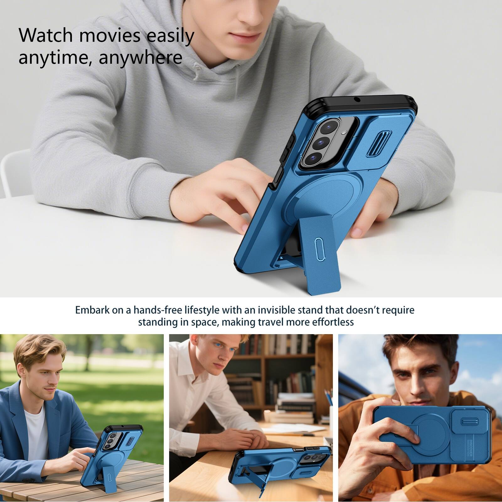 Watch movies easily anytime, anywhere

Embark on a hands-free lifestyle with an invisible stand that doesn't require standing in space, making travel more effortless