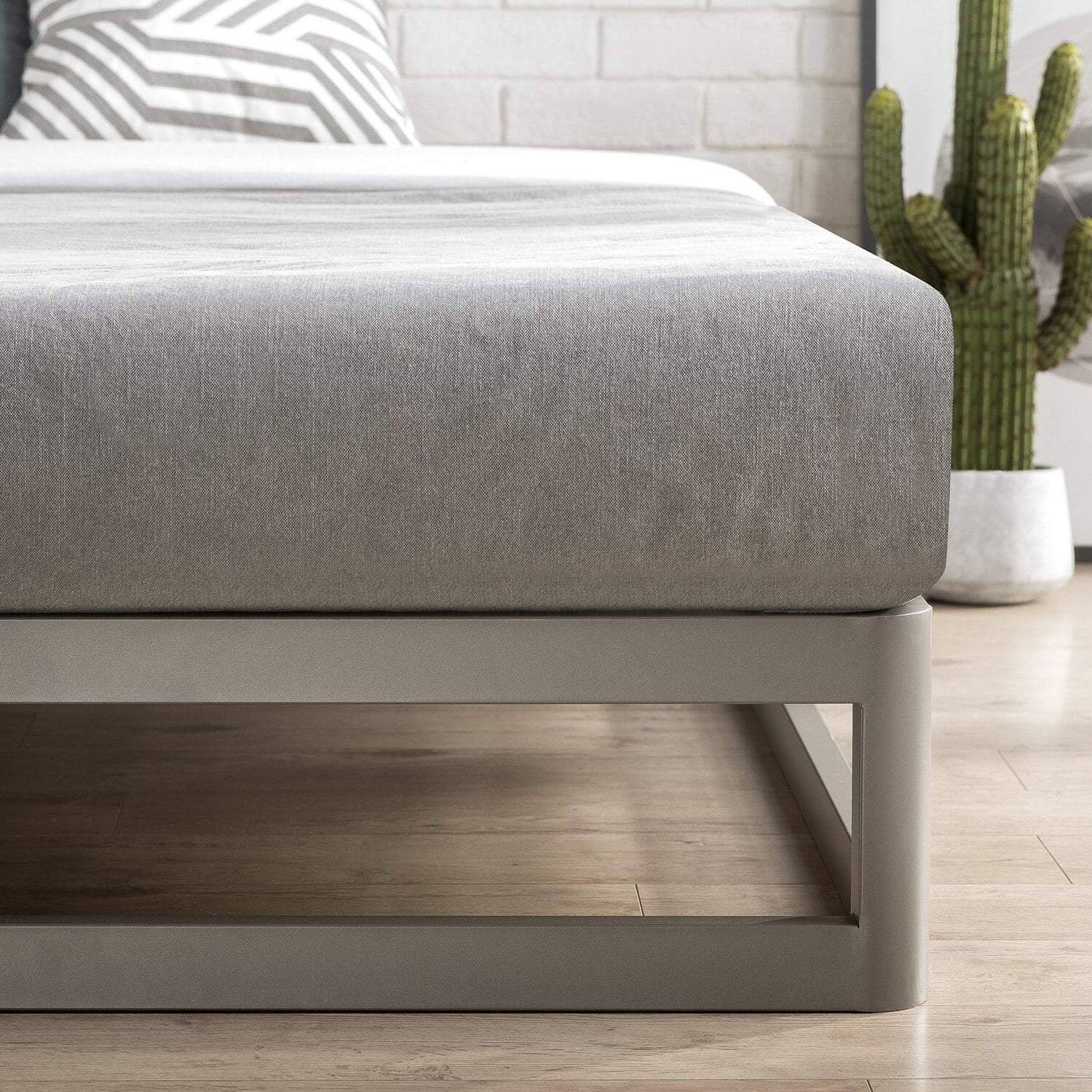 Left. SlickBlue - Queen Size Heavy Duty Metal Platform Bed, Modern Low Profile - Silver.