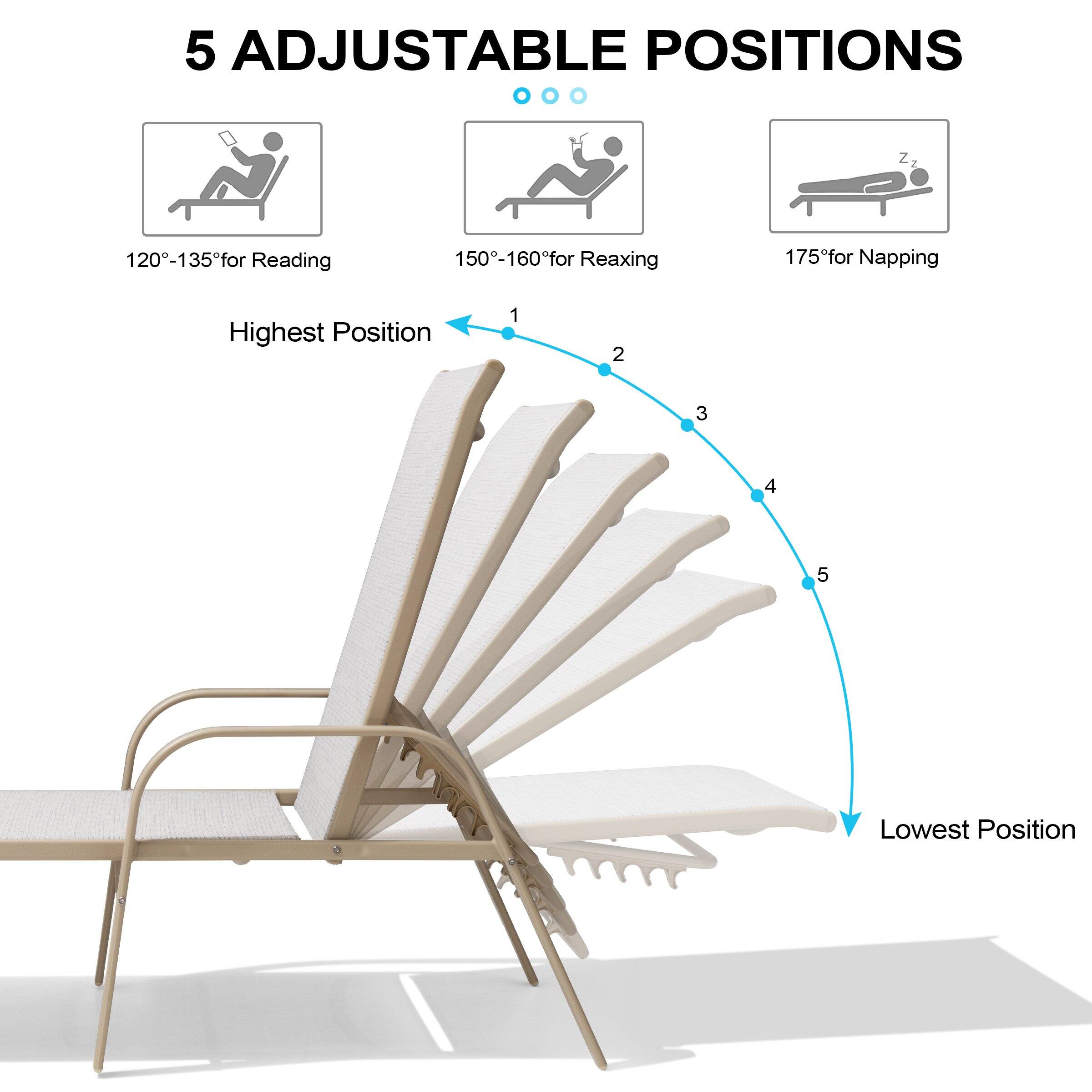 5 Adjustable Positions

120°-135° for Reading

150°-160° for Relaxing

175° for Napping

Highest Position

Lowest Position
