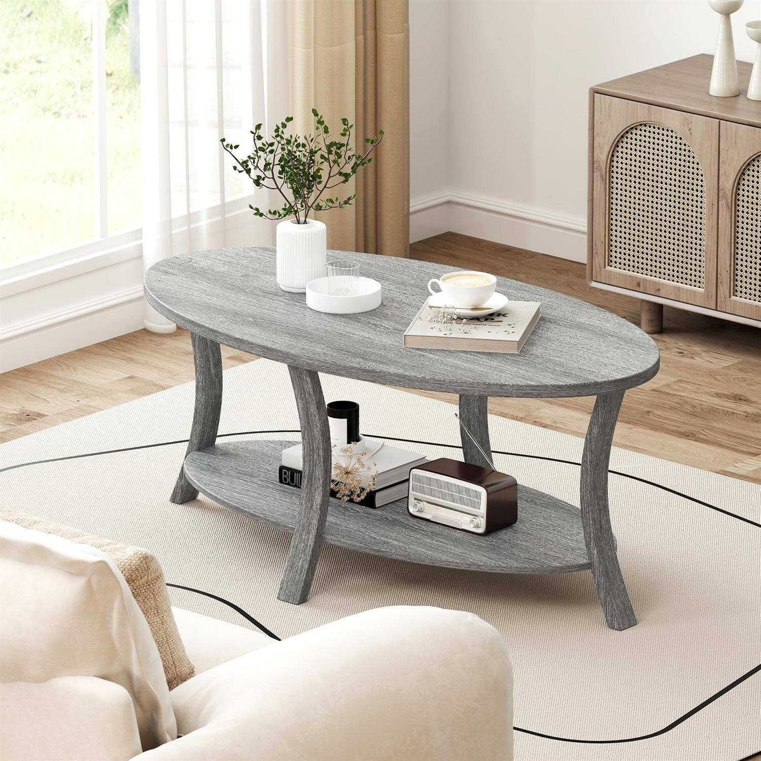 Alt View 3. Pefilos - 2-Tier Oval Coffee Table, Rubber Wood Frame, Splayed Support Legs, Open Storage Shelf, Gray - Gray.