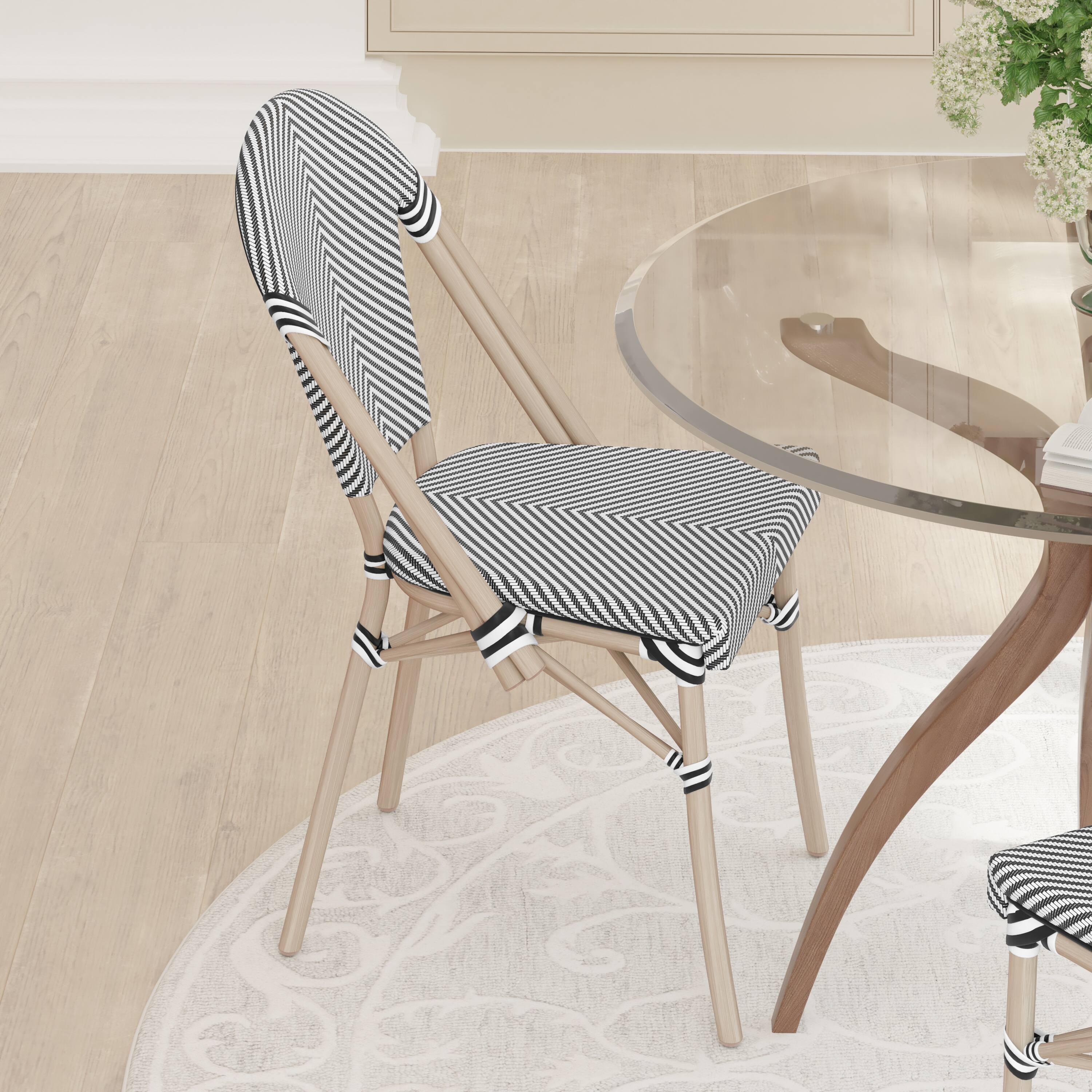 Alt View 4. Emma + Oliver - Massalia Indoor/Outdoor Stacking Bistro Style Chairs with Textilene Seat and Aluminum Frame - Black & White/Light Natural Frame.