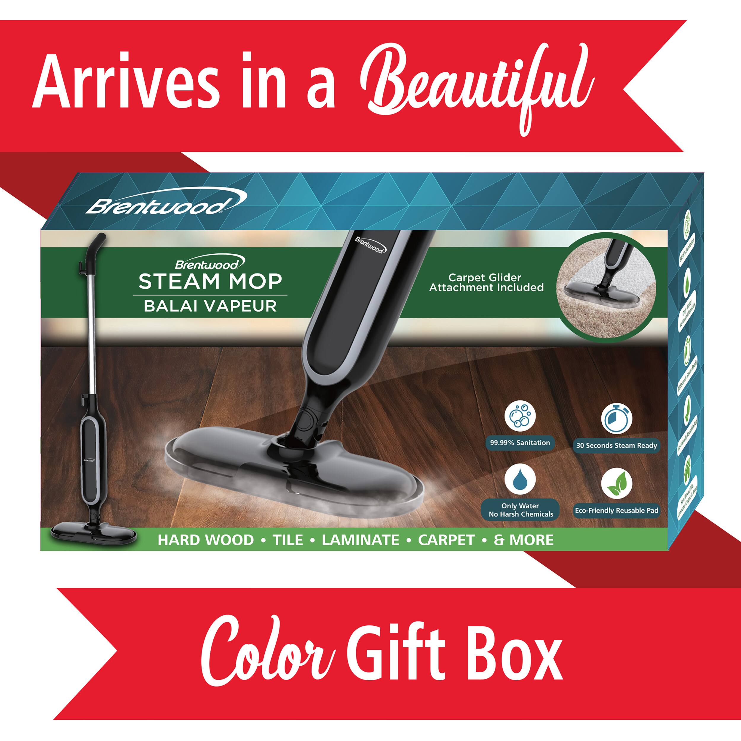 Arrives in a Beautiful Brentwood STEAM MOP BALAI VAPEUR Brentwood Carpet Glider Attachment Included 99.99% Sanitation 30 Seconds Steam Ready Only Water Eco-Friendly Reusable Pad No Harsh Chemicals HARD WOOD TILE LAMINATE CARPET & MORE Color Gift Box