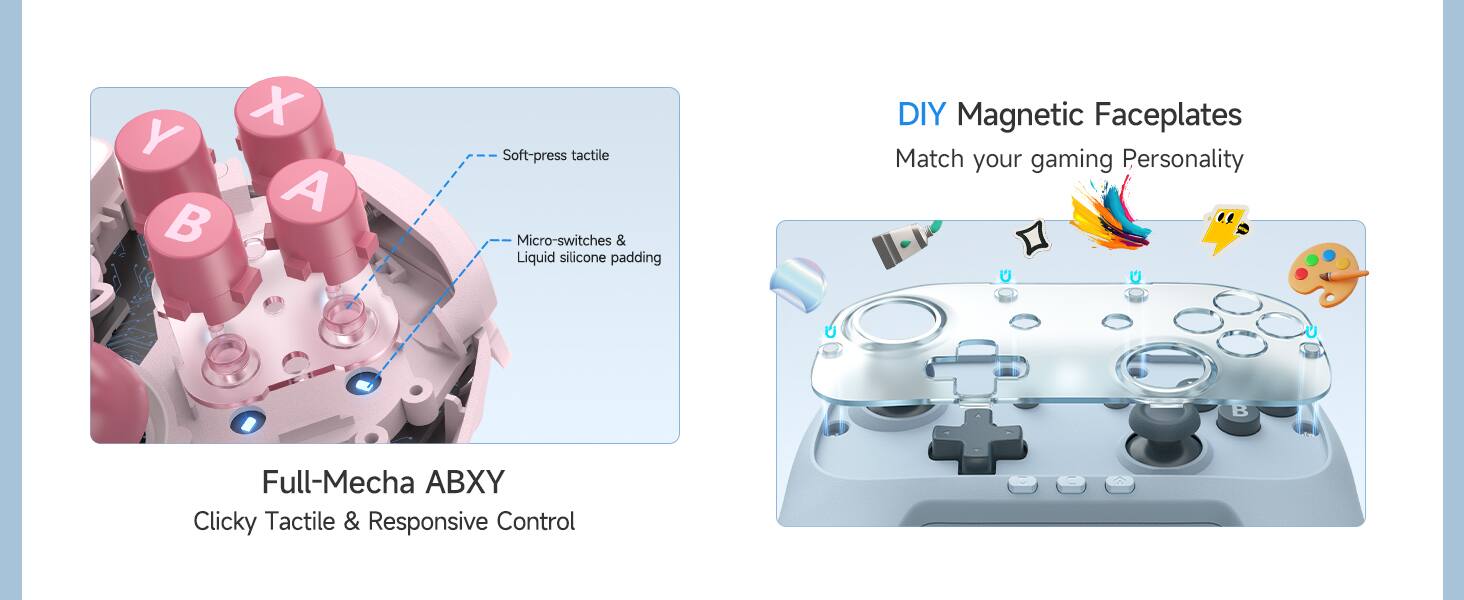 X Y A B Soft-press tactile Micro-switches & Liquid silicone padding DIY Magnetic Faceplates Match your gaming Personality V B Full-Mecha ABXY Clicky Tactile & Responsive Control