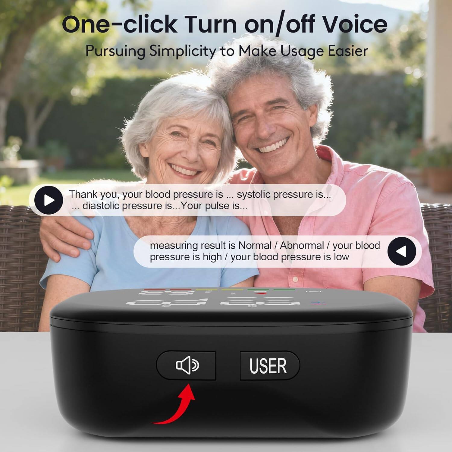 One-click Turn on/off Voice  
Pursuing Simplicity to Make Usage Easier  

Thank you, your blood pressure is:  
- systolic pressure is...  
- diastolic pressure is...  
- Your pulse is...  

measuring result is:  
- Normal / Abnormal / your blood pressure is high / your blood pressure is low  

USER