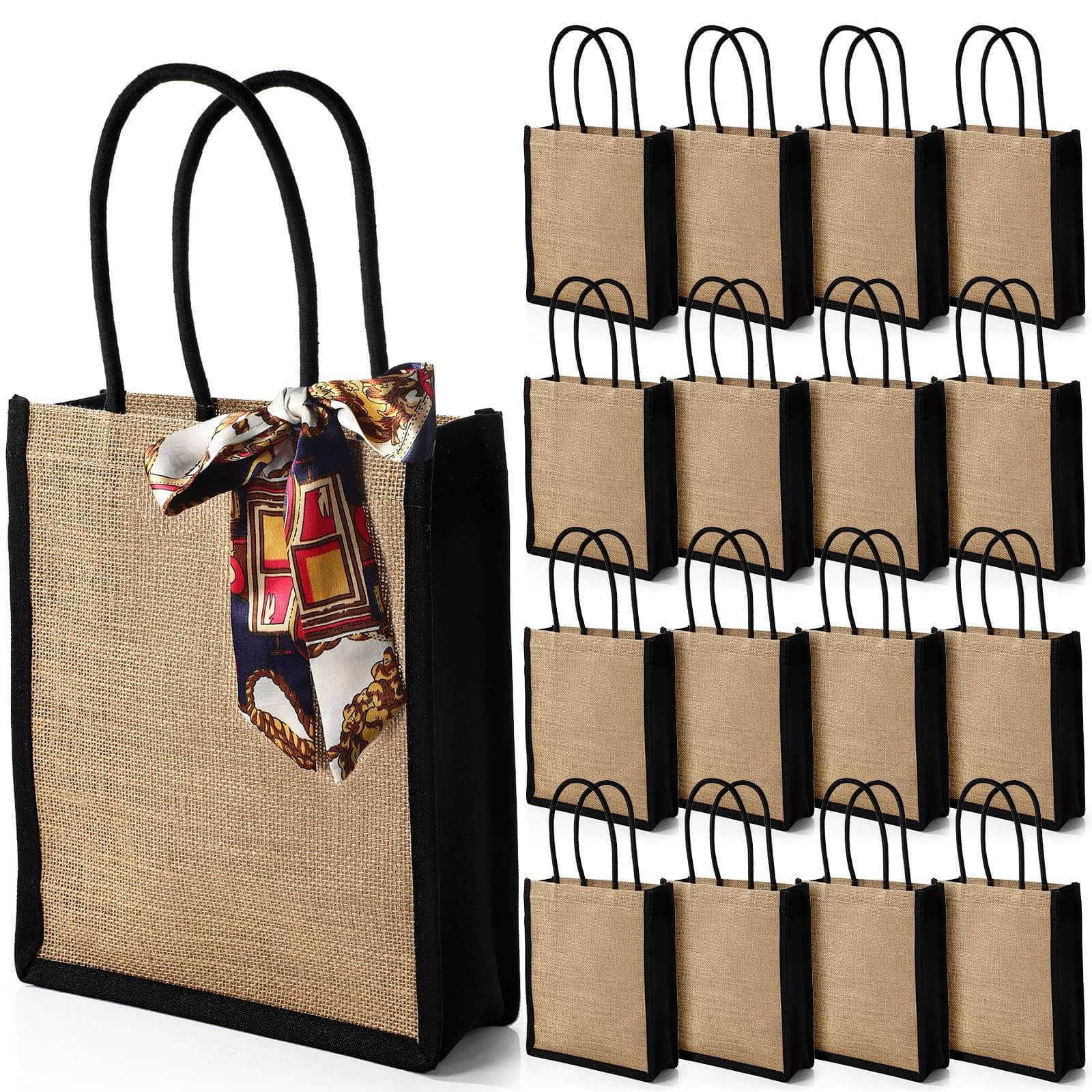 DORLUKFU - 16 Pack Burlap Tote Gift Bags with Soft Handles Heavy Duty Multipurpose Jute Shopping Bags for Women Shopping DIY - Black Trim