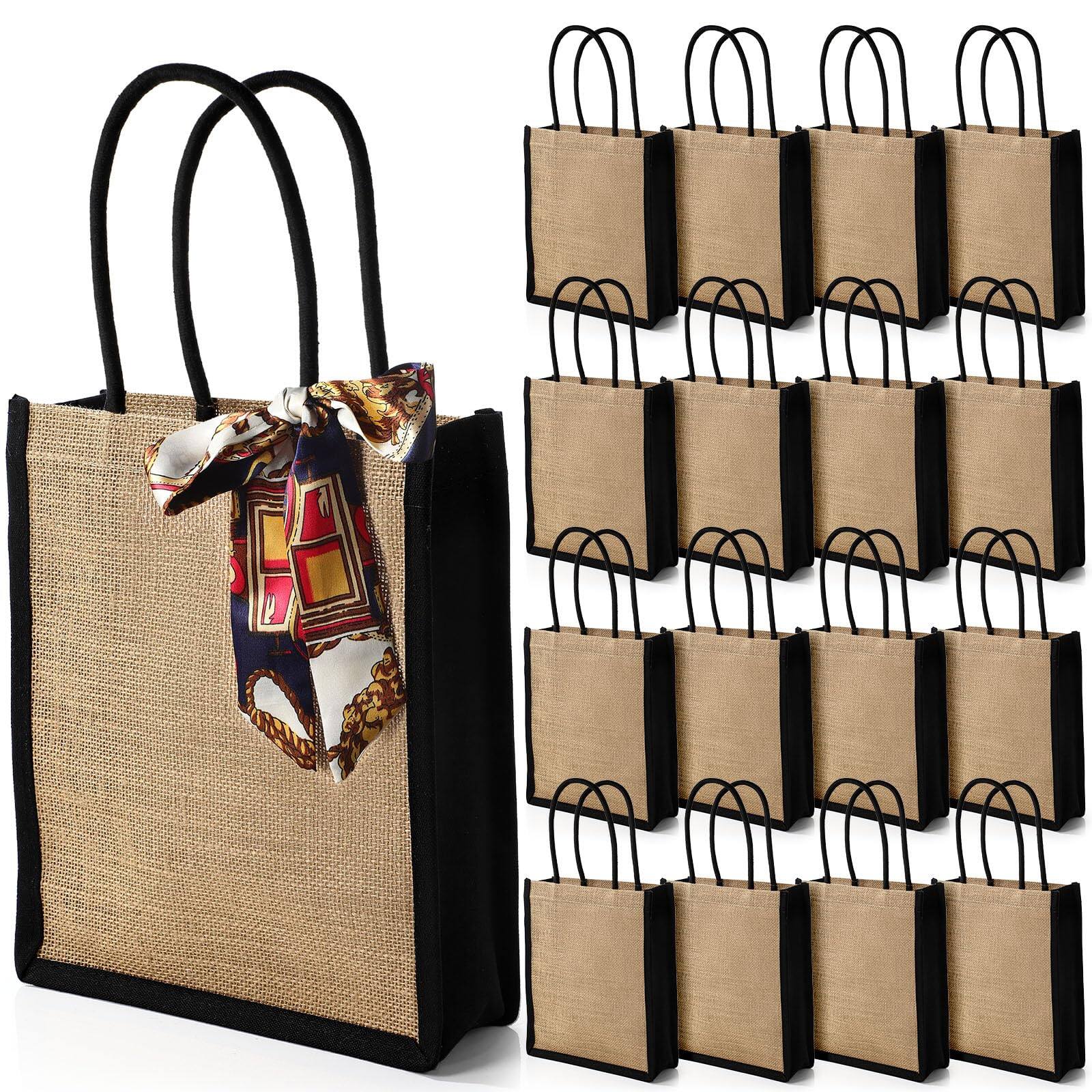 Front. DORLUKFU - 16 Pack Burlap Tote Gift Bags with Soft Handles Heavy Duty Multipurpose Jute Shopping Bags for Women Shopping DIY - Black Trim.