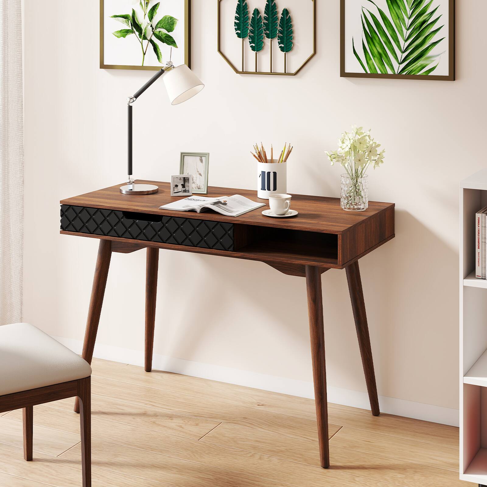 Alt View 3. Gymax - Gymax Mid-Century Modern Computer Desk w/ Drawer & Open CompartmentRubber Wood Legs - Brown.