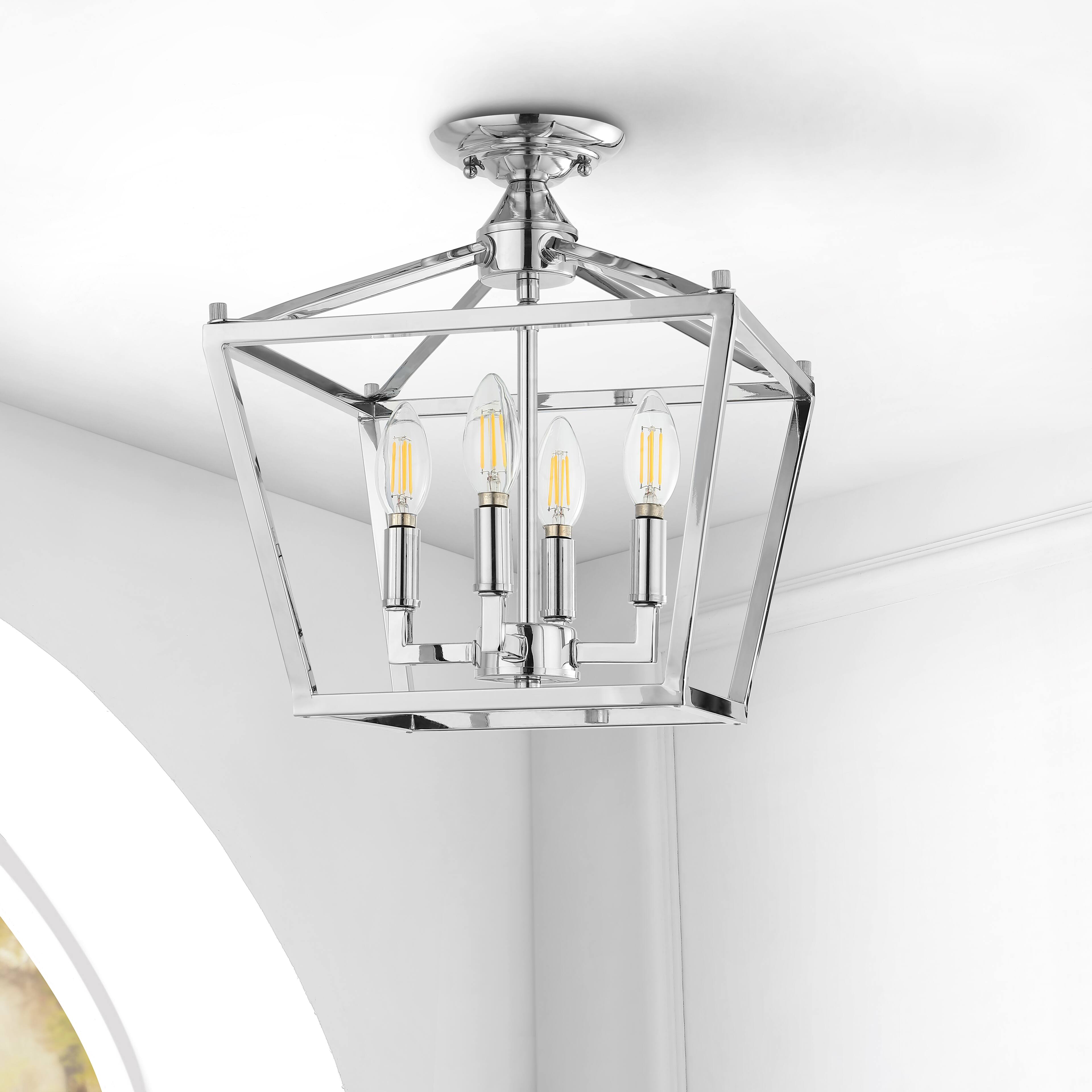 Alt View 5. Jonathan Y - Plains 12" 4-Light Modern Farmhouse Metal Open-Frame Pagoda LED Semi Flush Mount Mini Lantern, Chrome - Chrome.