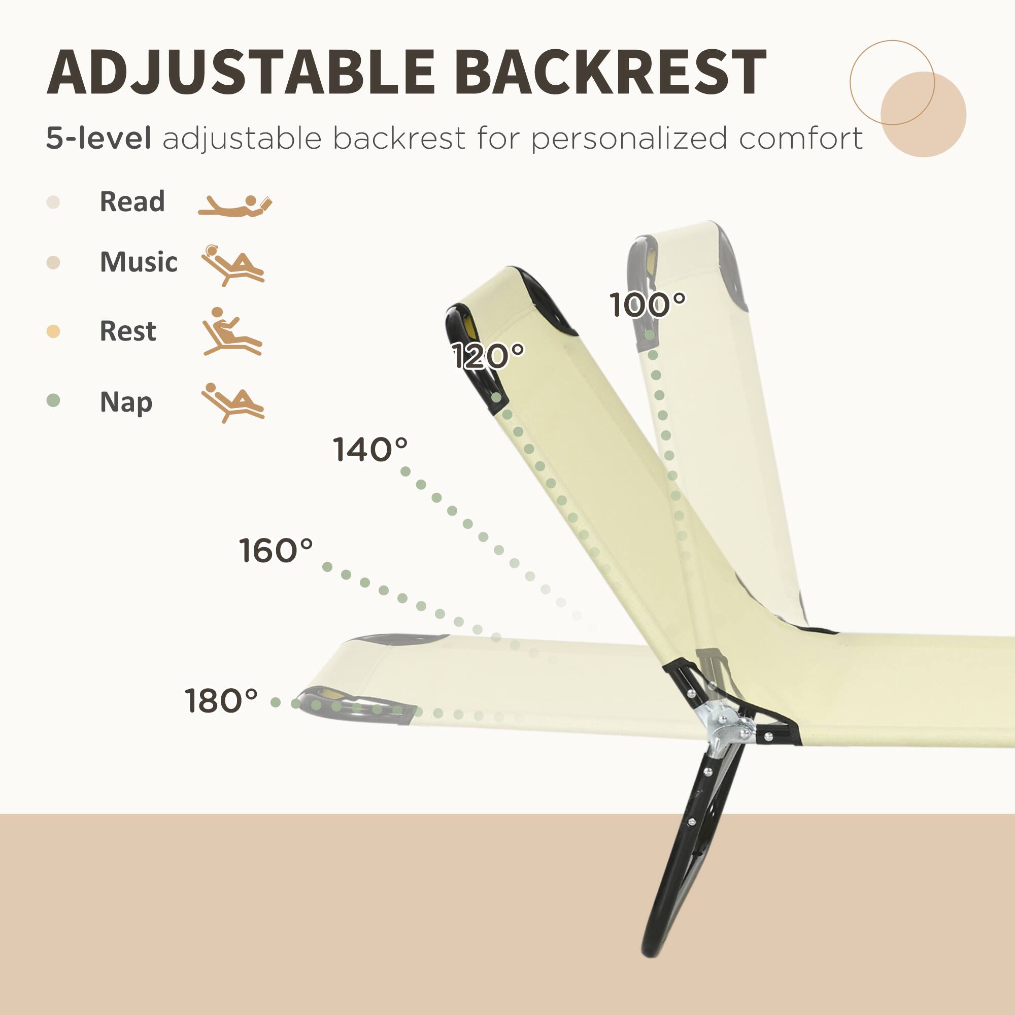 ADJUSTABLE BACKREST

5-level adjustable backrest for personalized comfort

- Read
- Music
- Rest
- Nap

100°
120°
140°
160°
180°
