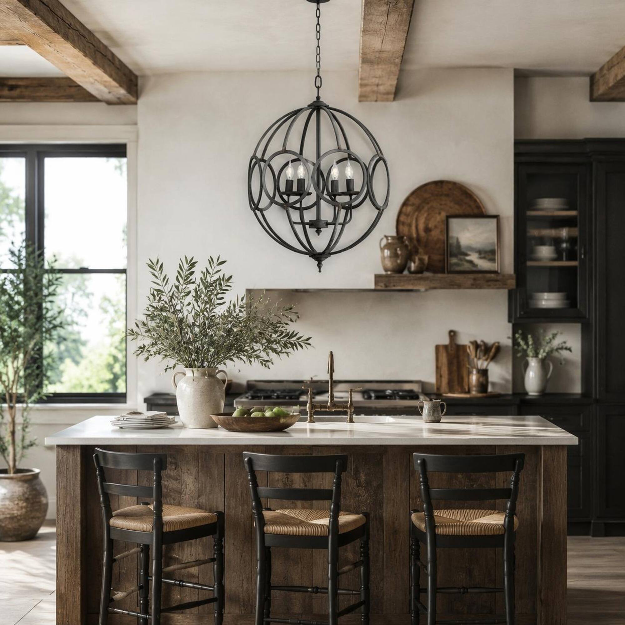 Left. RYHNUYNE - 4-Light Industrial Globe Cage Chandelier, Black Farmhouse Light Fixture for Kitchen Dining Room Foyer - Black.