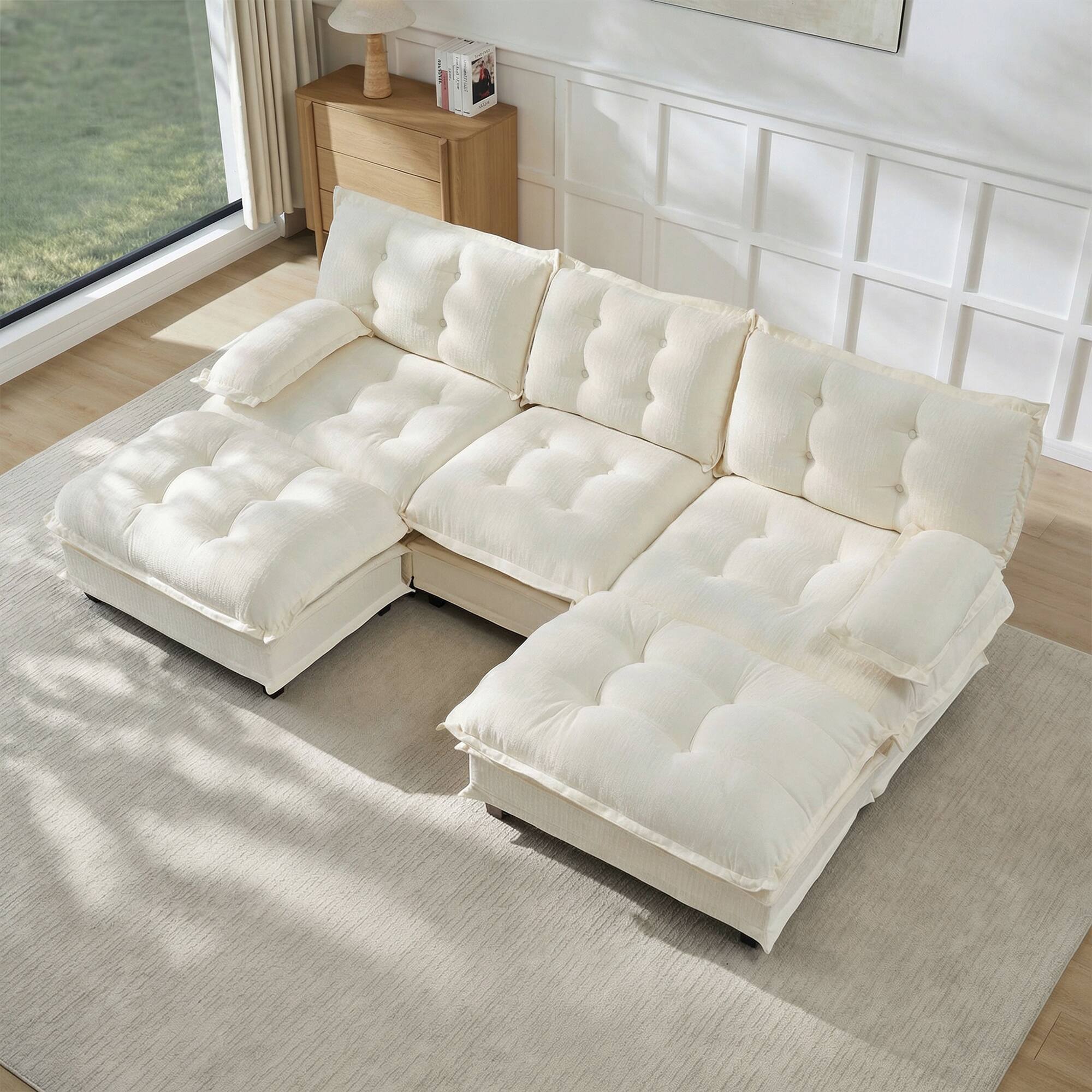 Left. LOVMOR - 107 inch U Shaped Modular Deep Seat 3 Seat Chenille Sectional Couch Compressed Pack For Bedroom Apartment Cozy - Beige.