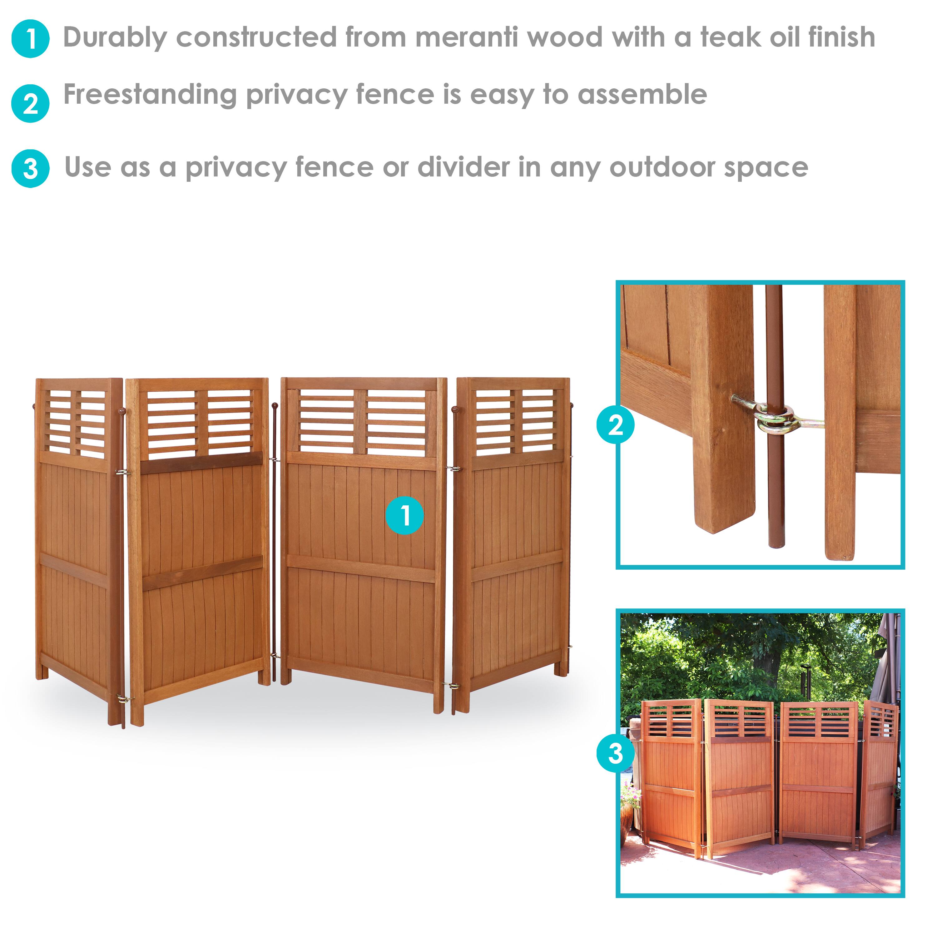 1. Durable construction from meranti wood with a teak oil finish
2. Freestanding privacy fence is easy to assemble
3. Use as a privacy fence or divider in any outdoor space