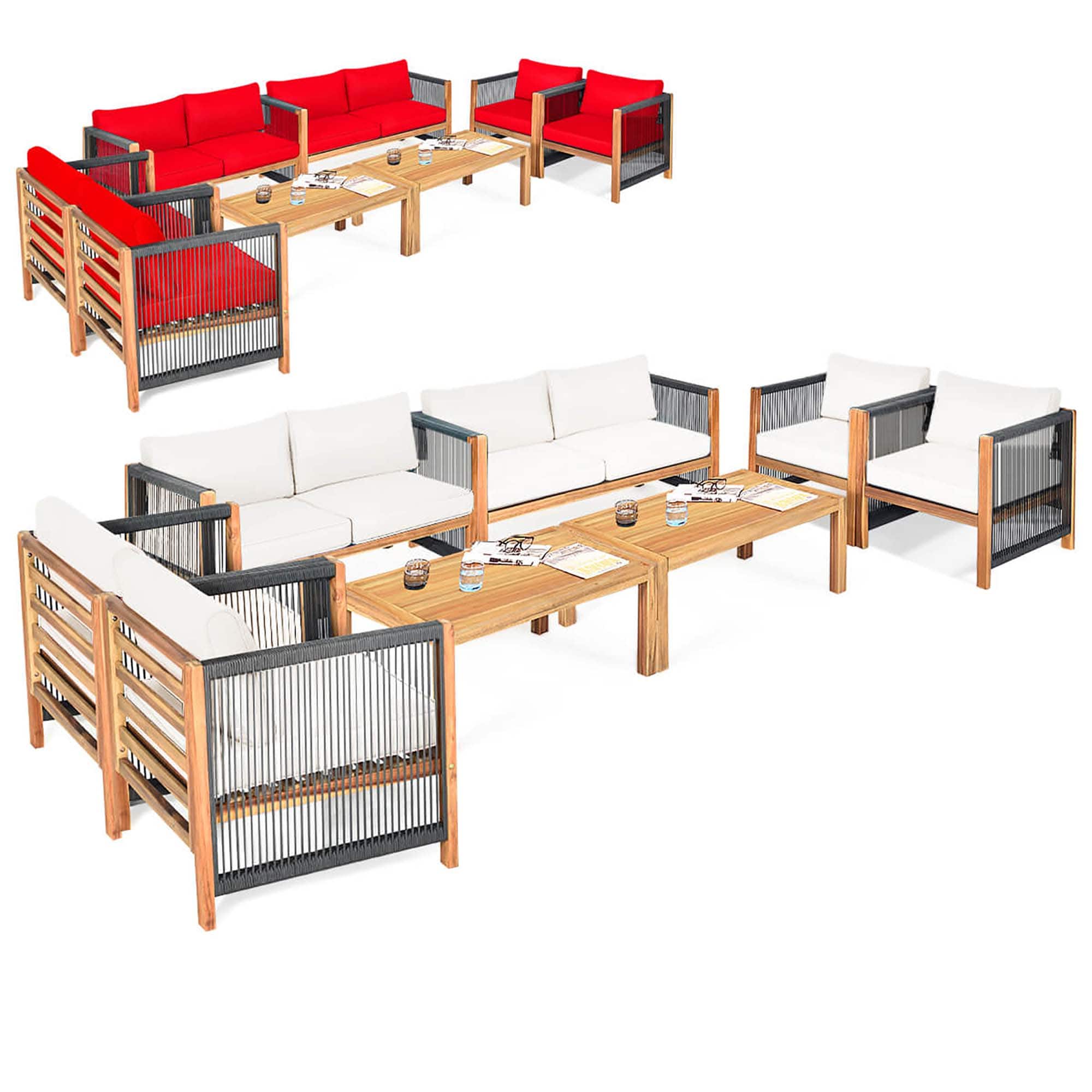 Gymax - Set Of 8 Wood Outdoor Patio Furniture Set w/Cushions White Red Cushion Cover Sets - White, Red price history on PriceWatchPro