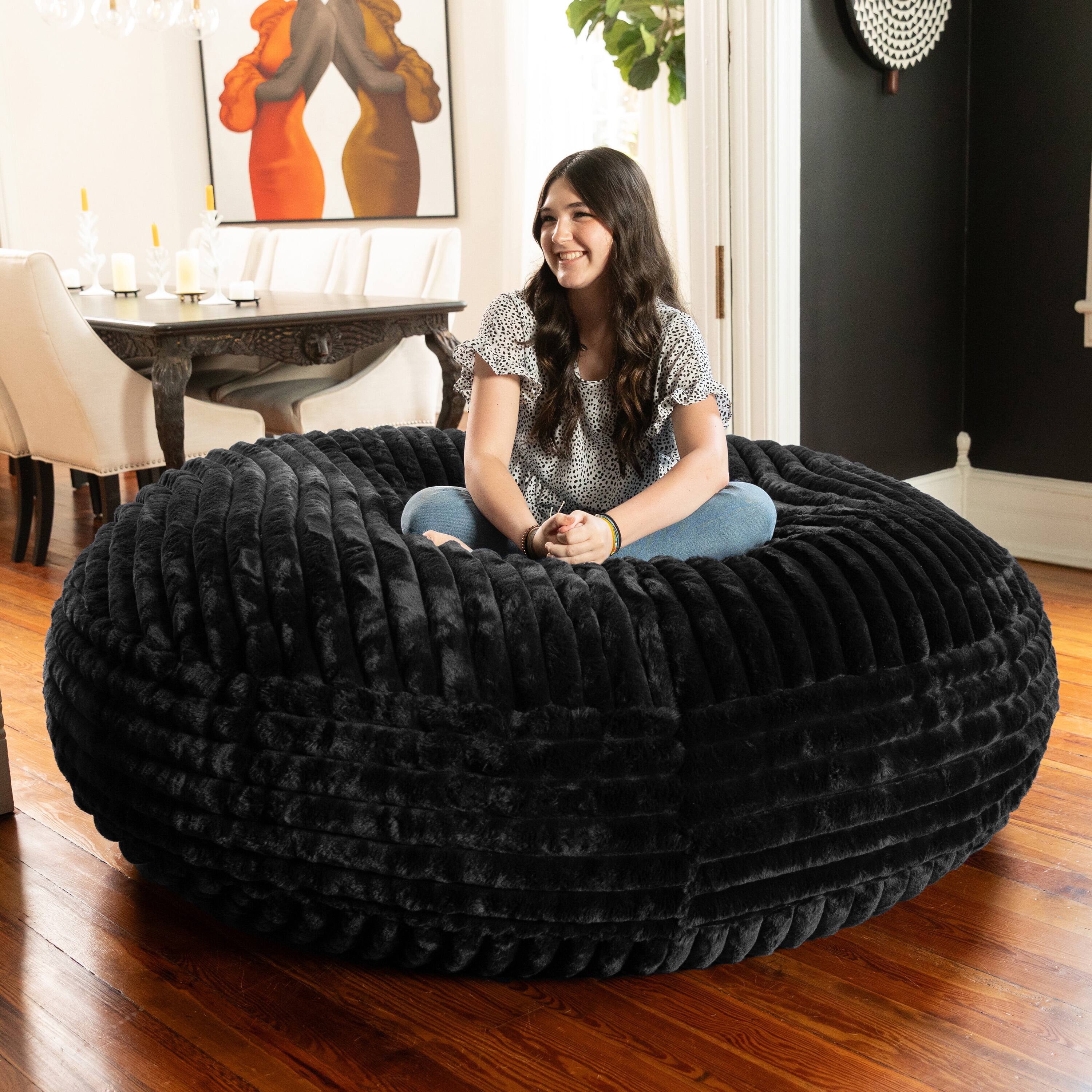 Left. Jaxx - Jaxx 6 Foot Cocoon - Large Bean Bag Chair for Adults, Premium Luxe Faux Fur - Mondo Black - Mondo Black Faux Fur.