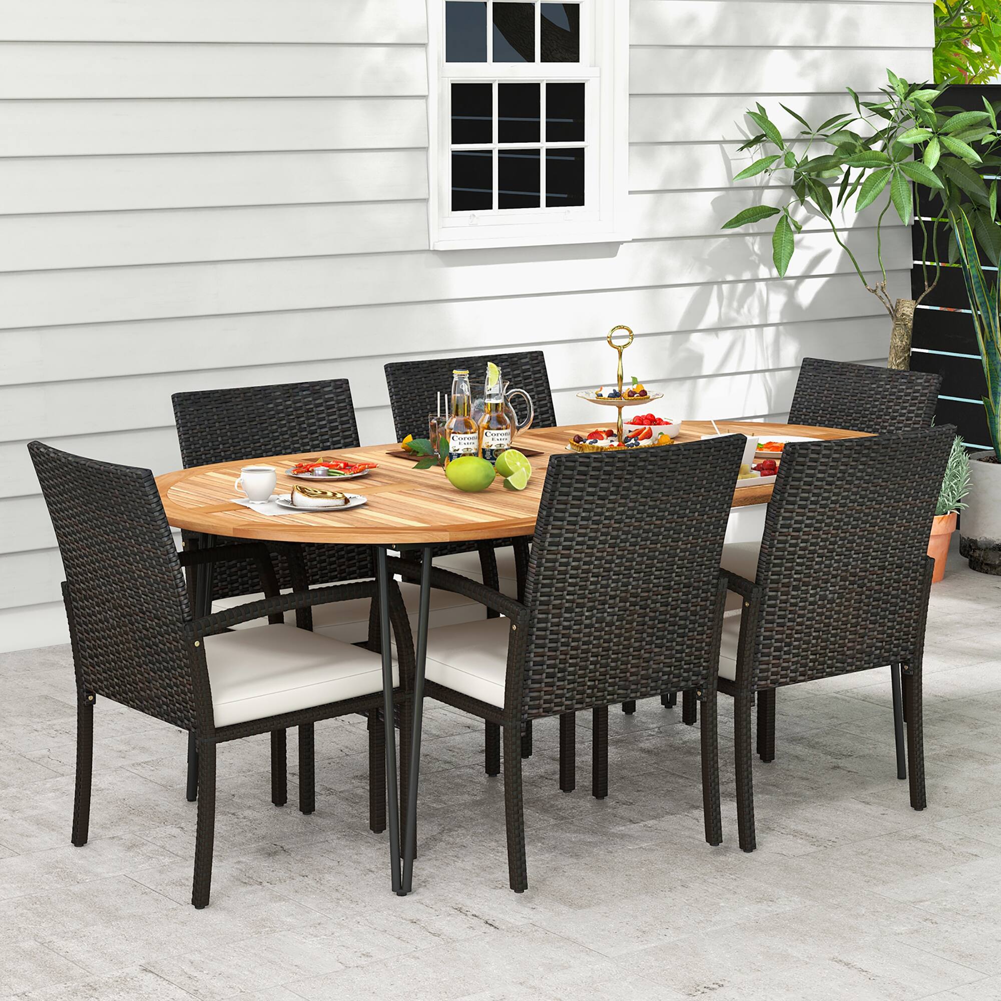 Alt View 1. Gymax - Gymax 9 PCS Patio Rattan Dining Set Acacia Wood Table & 8 Patio Wicker Armchairs Mix Brown - Mix Brown, Off White.