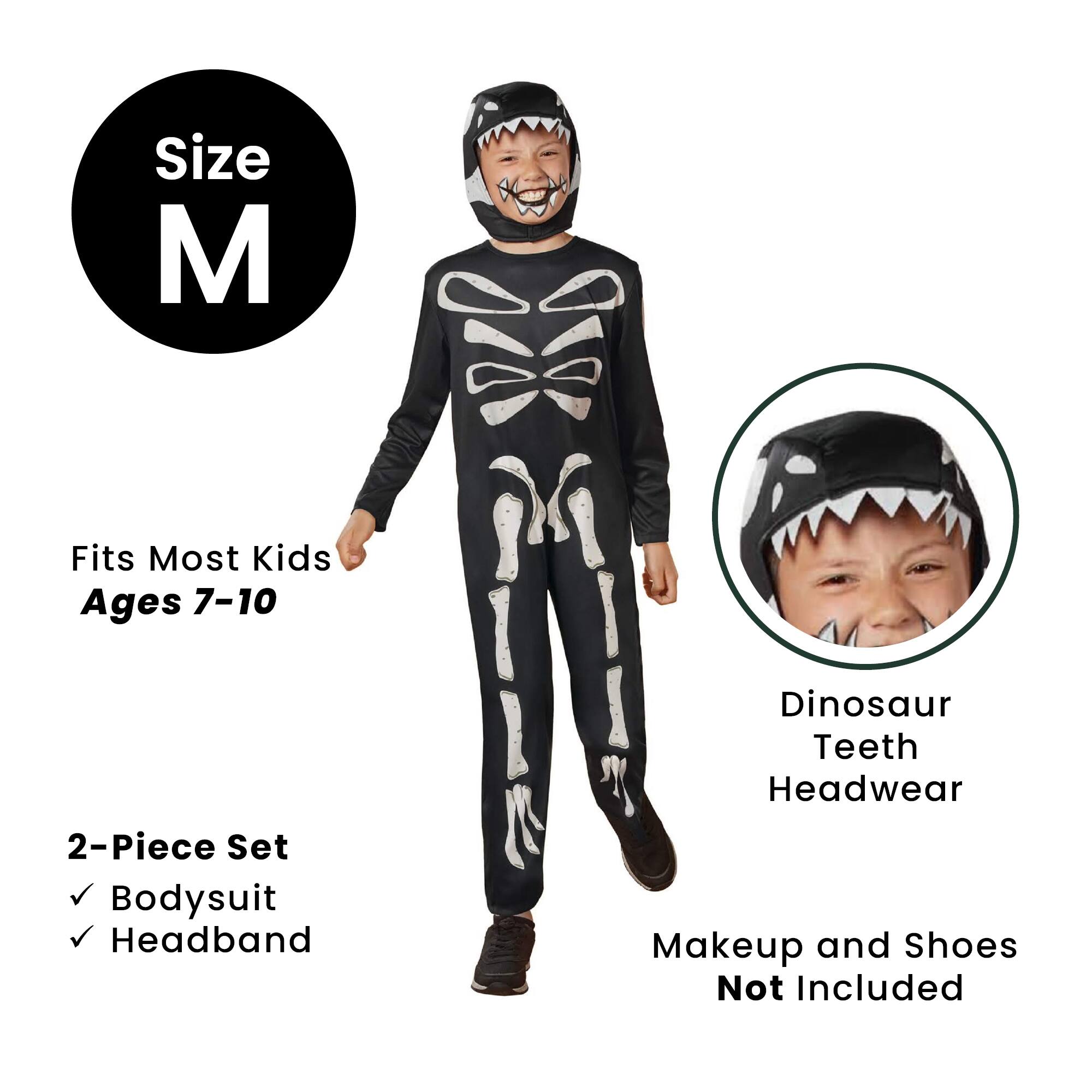 Size M  
Fits Most Kids Ages 7-10  

2-Piece Set  
✓ Bodysuit  
✓ Headband  

Dinosaur Teeth Headwear  

Makeup and Shoes Not Included