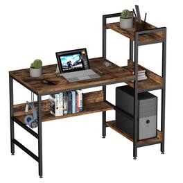Bestier - Reversible Computer Desk with Storage Shelves - Rustic Brown