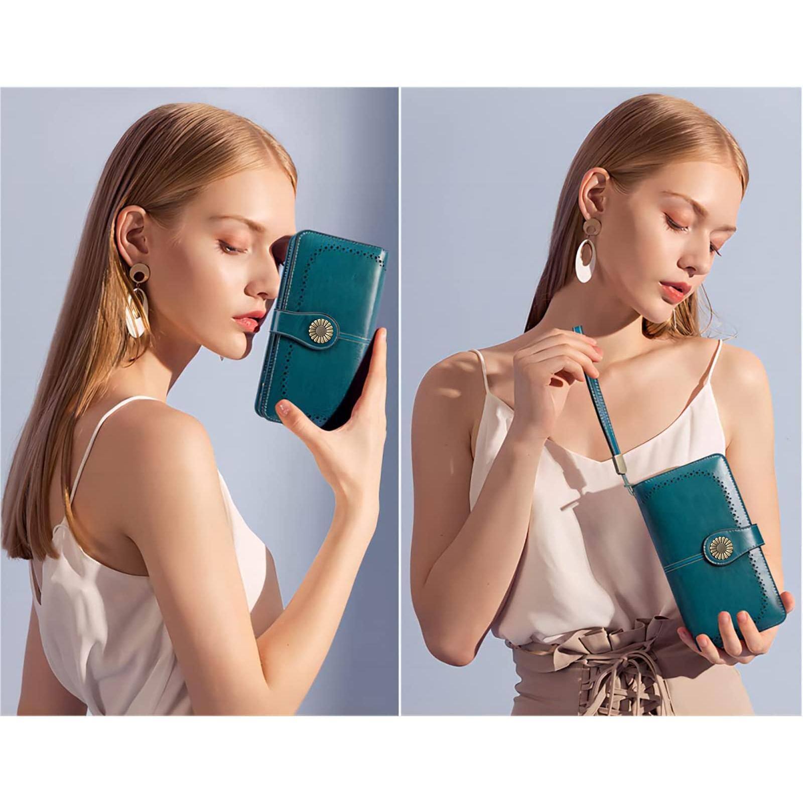 Alt View 2. Jadie Link - Wallets Women Leather Credit Card Holder Rfid Blocking Large Capacity Wristlet Large Capacity womens wallet card slots - 5-Vegan-Pink-3.