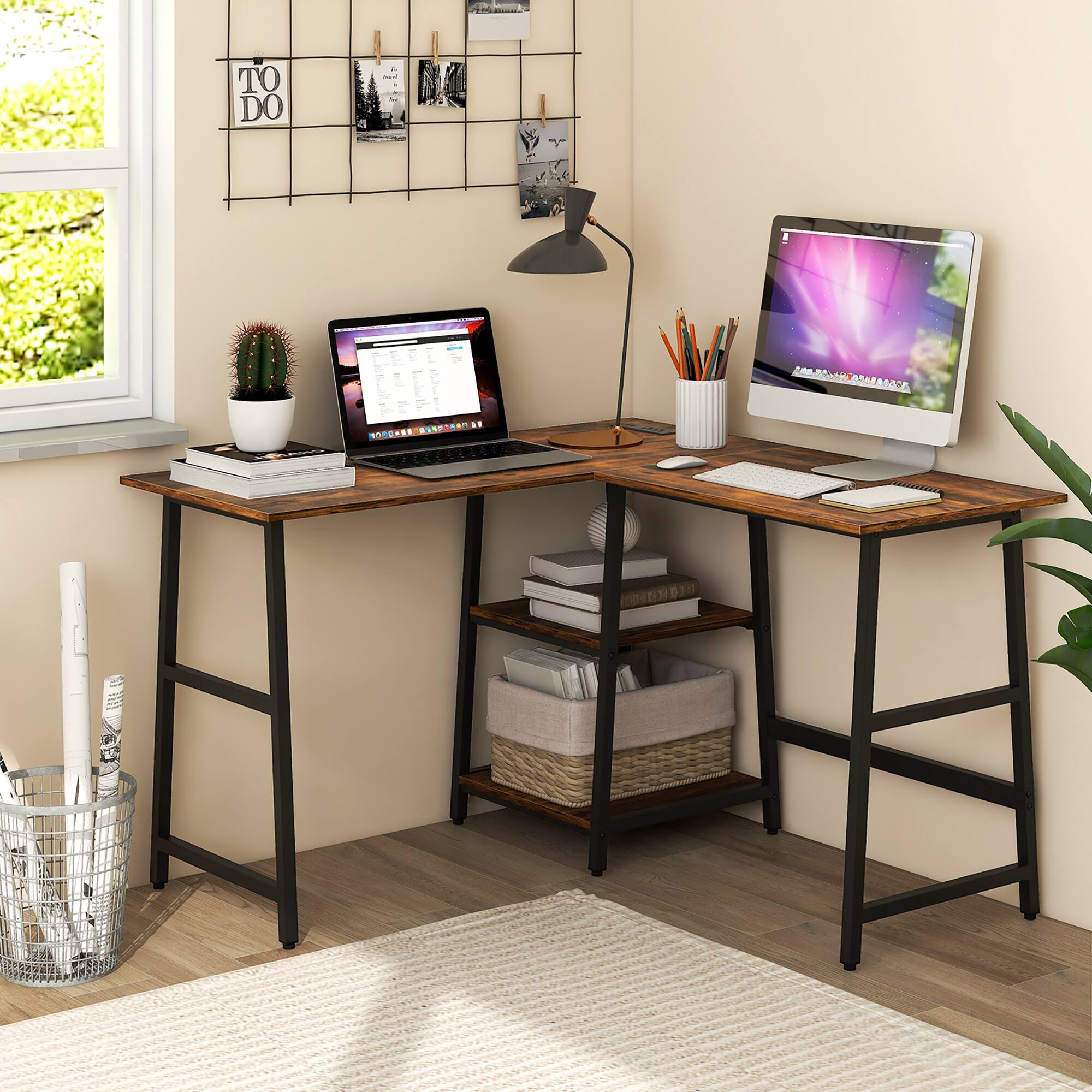 Alt View 1. Costway - Costway L Shaped Corner Computer Desk Study Workstation Power Outlet Storage Shelf - Rustic Brown.