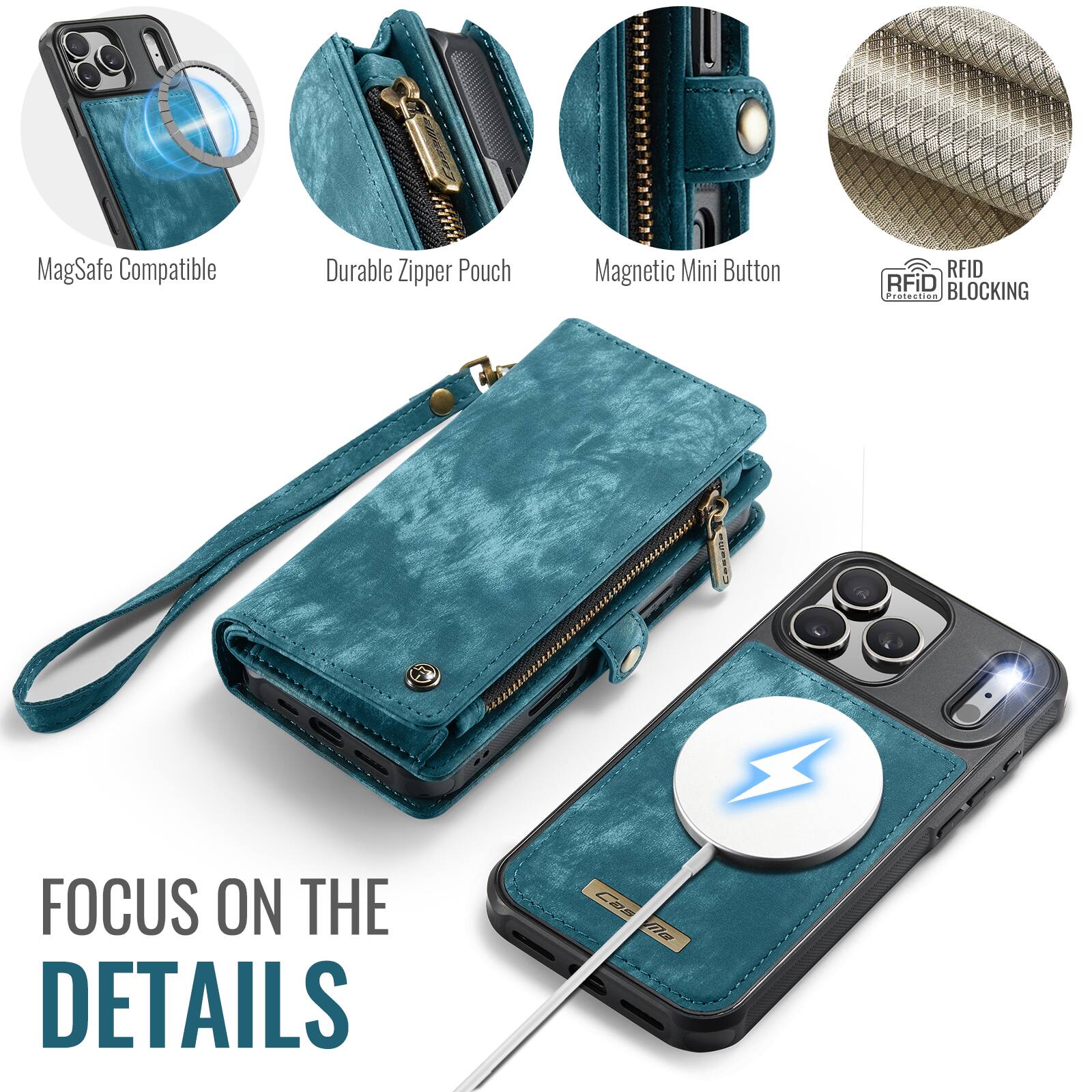 MagSafe Compatible  
Durable Zipper Pouch  
Magnetic Mini Button  
RFID Blocking  

FOCUS ON THE DETAILS