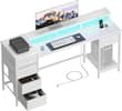 Front. Furologee - 55 Inch Gaming Desk with Power Outlets LED Lights Reversible Design Fabric Storage Drawers Home Office Desk - White.