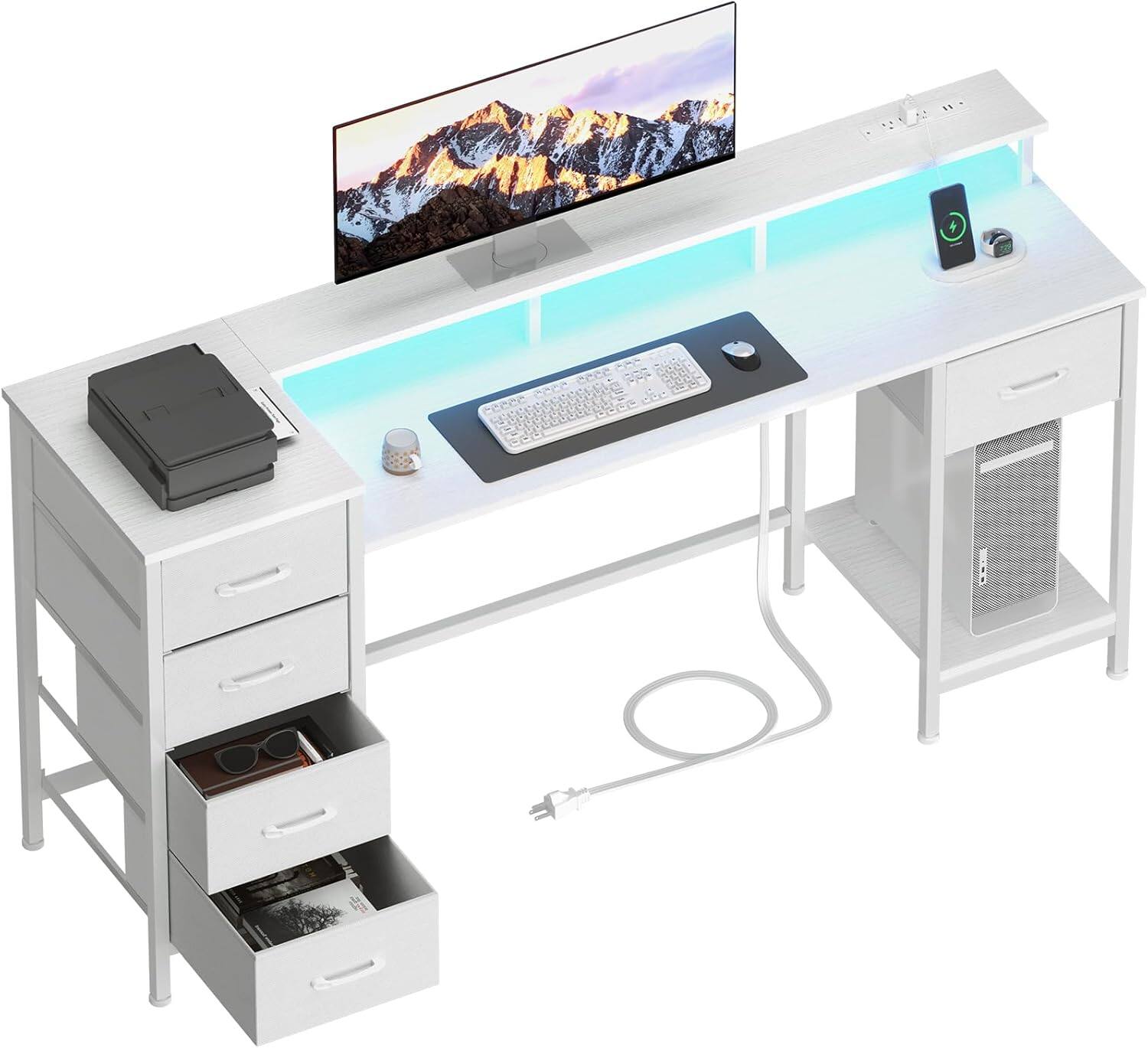 Front. Furologee - 55 Inch Gaming Desk with Power Outlets LED Lights Reversible Design Fabric Storage Drawers Home Office Desk - White.