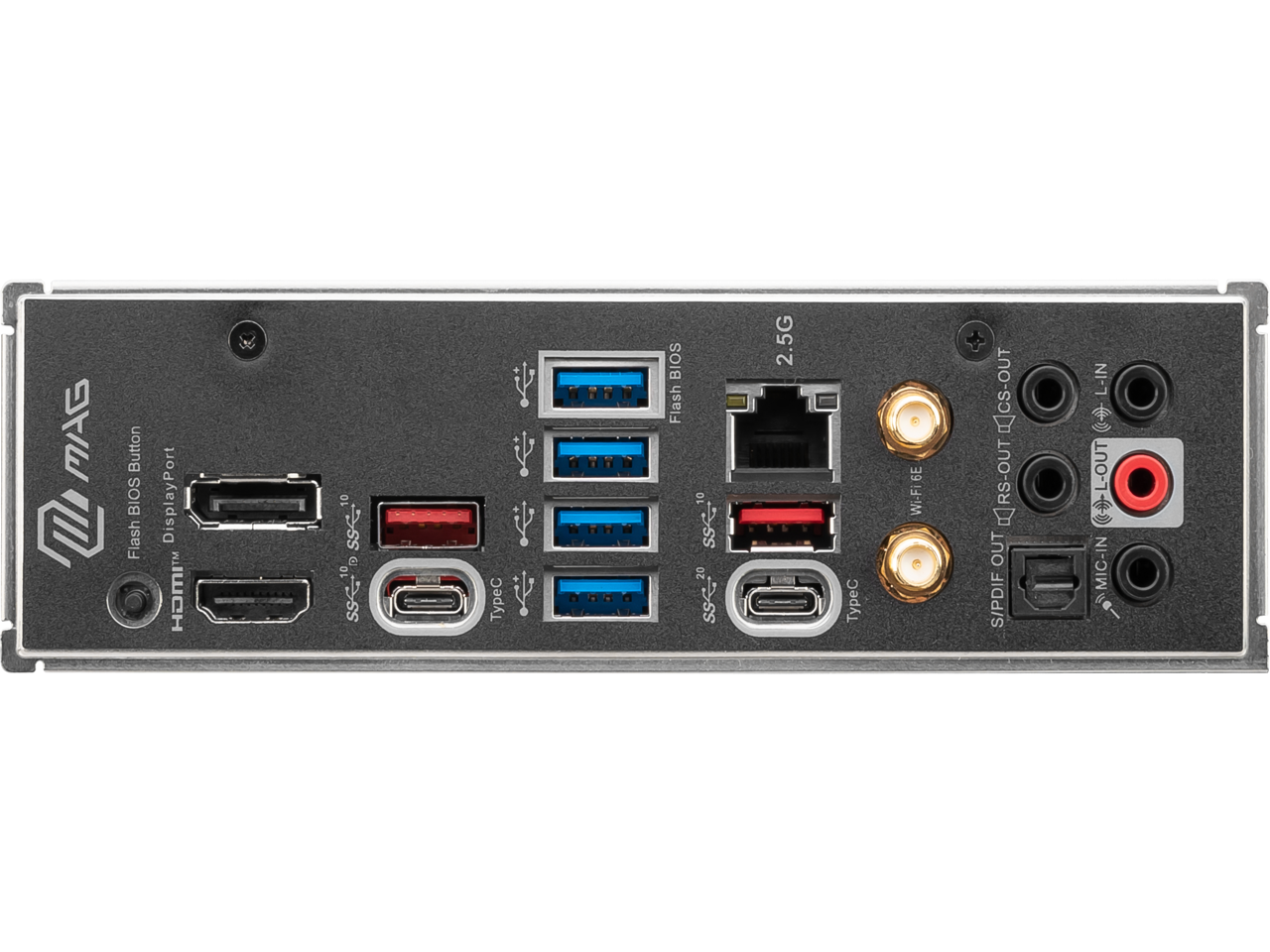 MAG Button BIOS Flash DisplayPort SSe1 HOMI = sse  
TypeC BIOS Flash 10 sse 20 sse2 2.5G TypeC 6E Wi-Fi Cs-OUT IRS-OUT E OUT S/PDIF L-IN L-OUT C MIC-IN MIC-IN