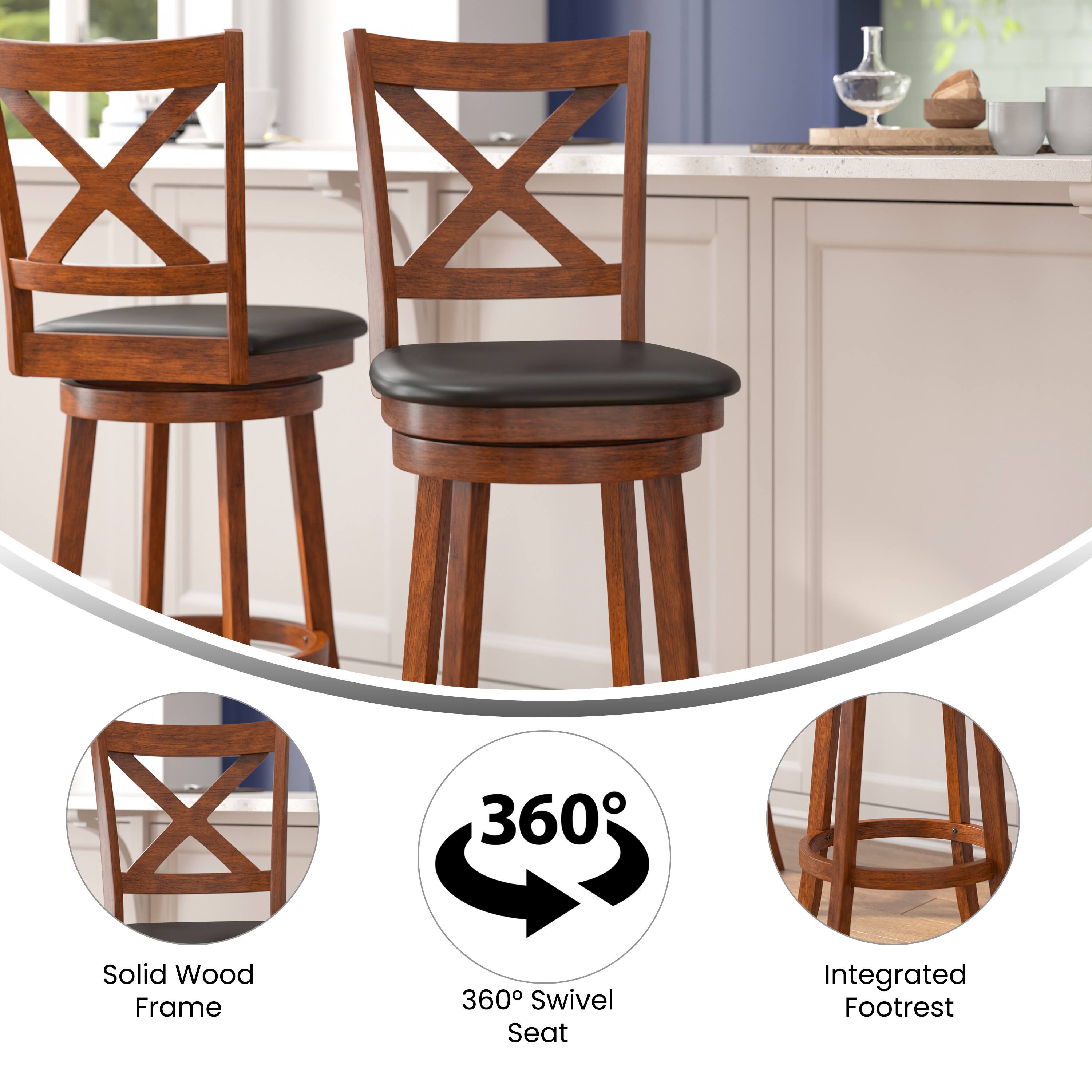 - Solid Wood Frame
- 360° Swivel Seat
- Integrated Footrest