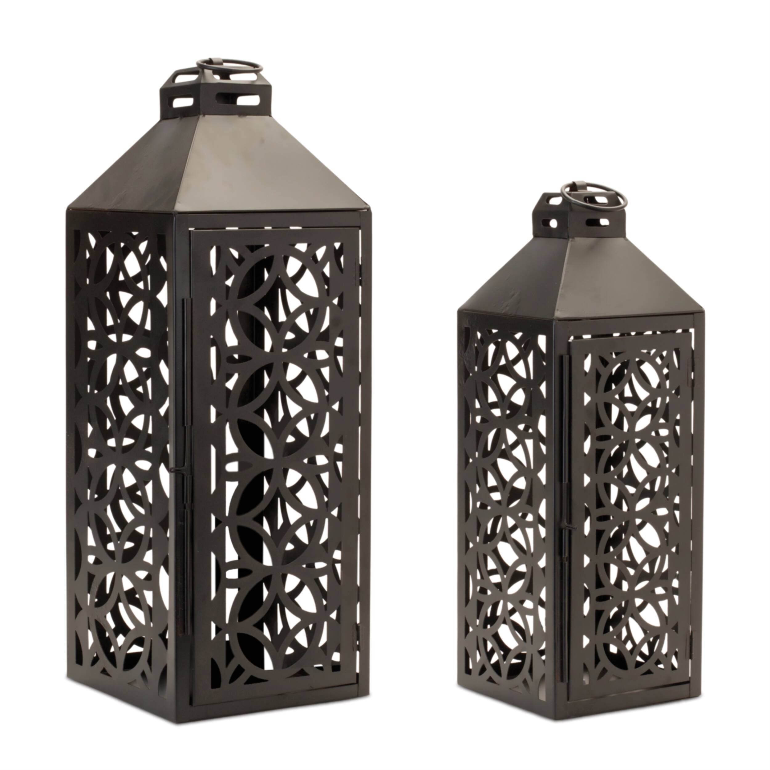 Left. BreeBe - Ornate Geometric Metal Lantern (Set of 2) - Black.