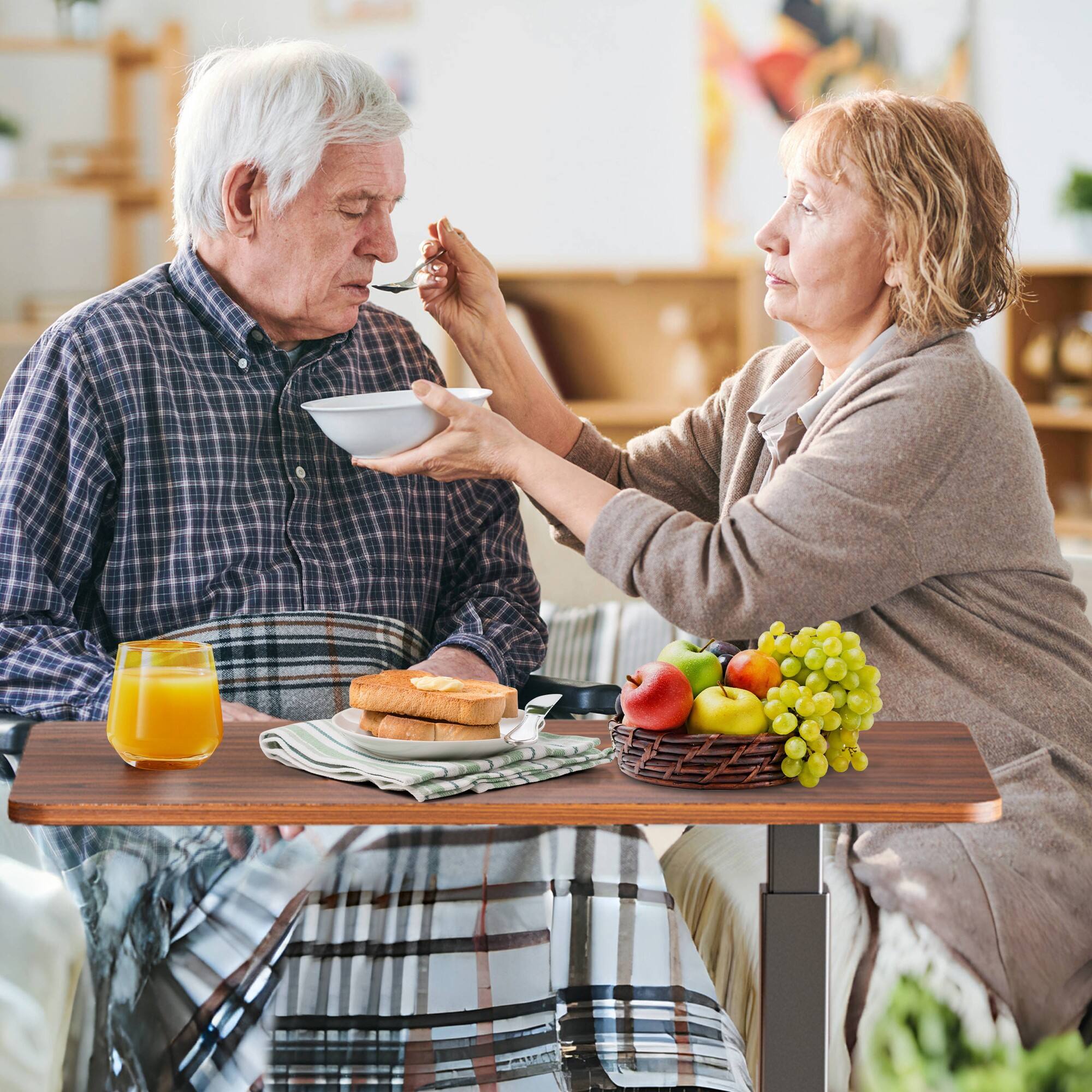 Left. DOMETOUR - Adjustable Hidden 360°Swivel Wheels Desk - Mobile Bed Table, Laptop Desk for Home Office, Standing Desk - Brown.