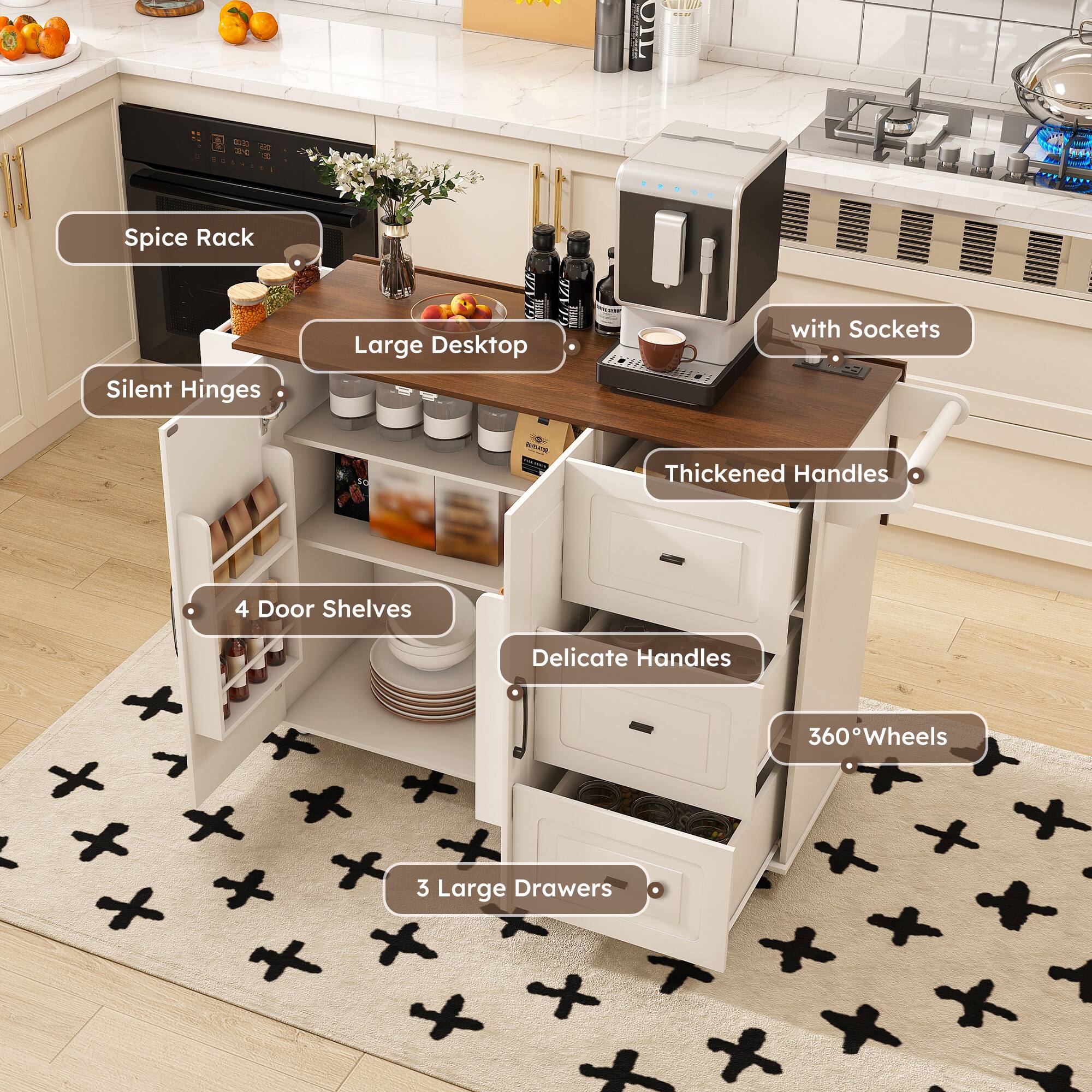 - Spice Rack
- Large Desktop
- Silent Hinges
- 4 Door Shelves
- Thickened Handles
- Delicate Handles
- 360° Wheels
- 3 Large Drawers
- with Sockets