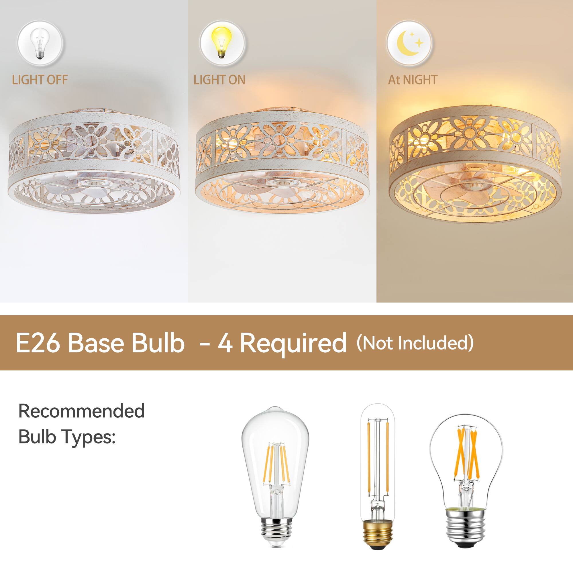 LIGHT OFF LIGHT ON At NIGHT
E26 Base Bulb - 4 Required (Not Included)
Recommended Bulb Types: