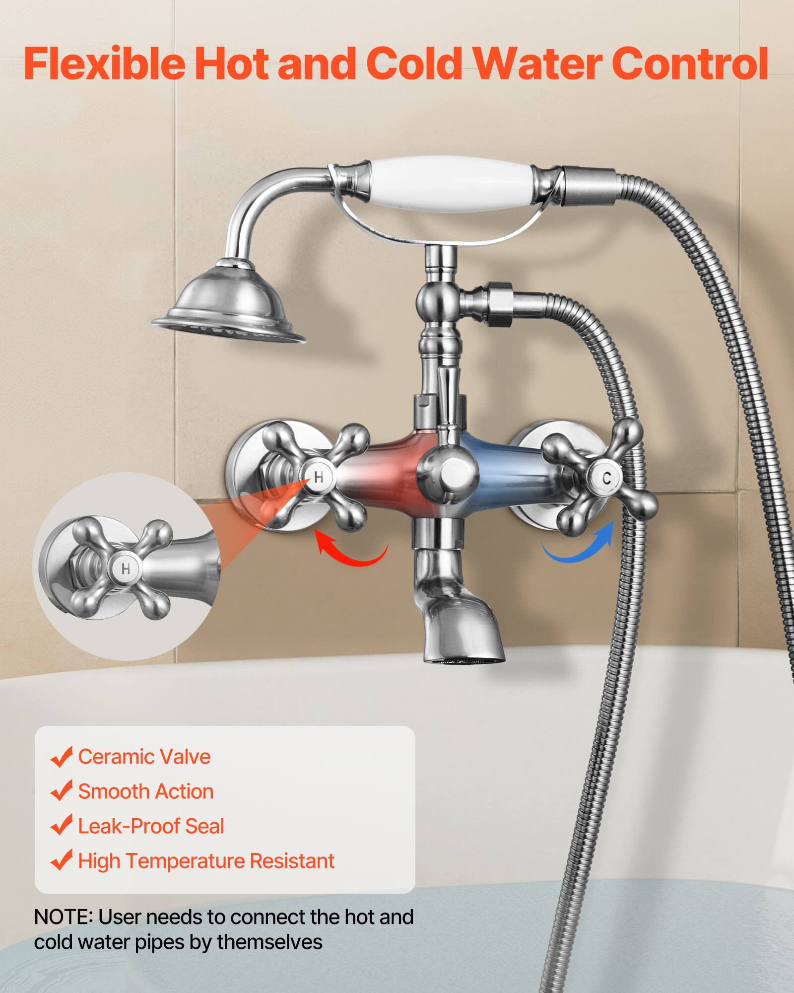 Flexible Hot and Cold Water Control

- Ceramic Valve
- Smooth Action
- Leak-Proof Seal
- High Temperature Resistant

NOTE: User needs to connect the hot and cold water pipes by themselves