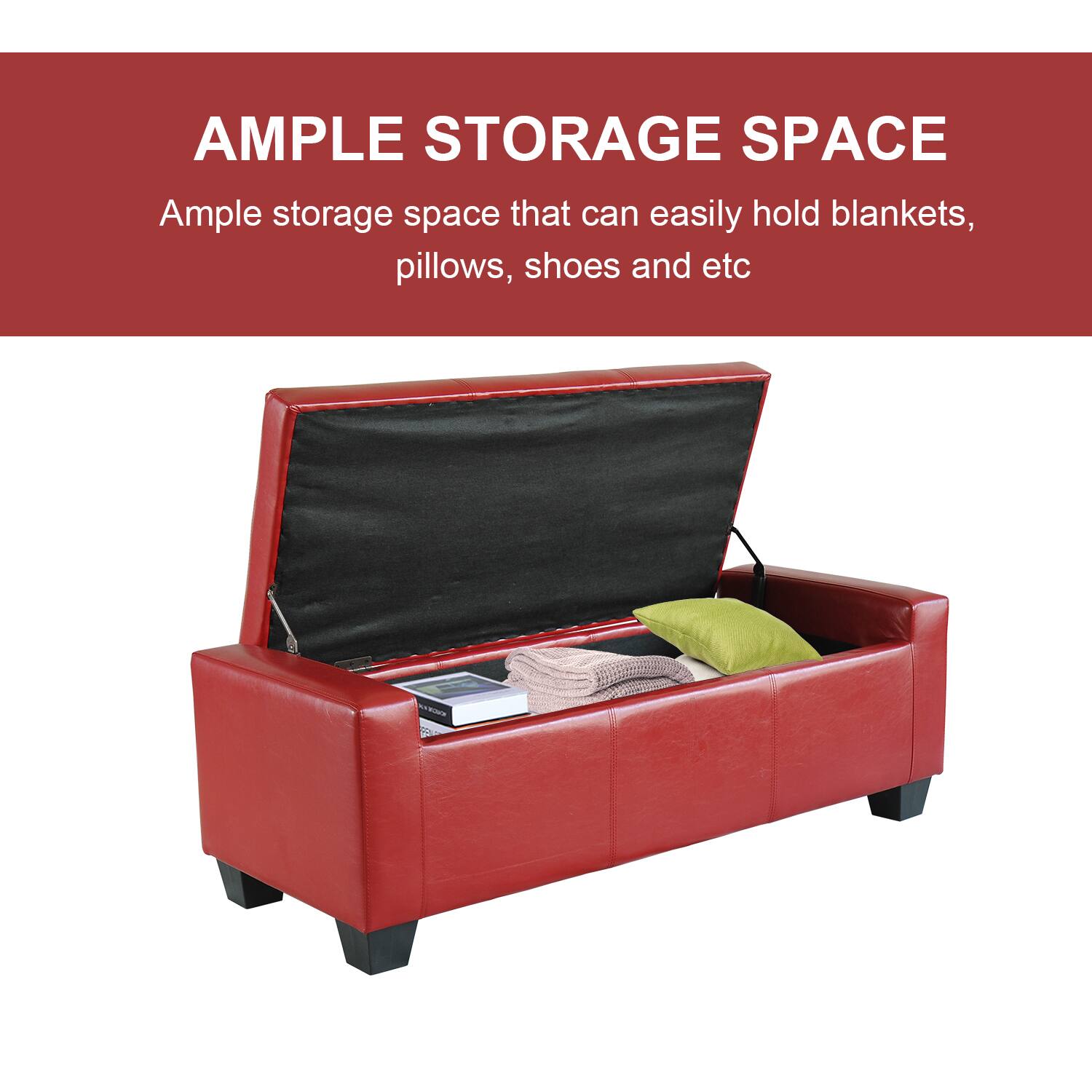 Ample storage space that can easily hold blankets, pillows, shoes and etc

Ample storage space