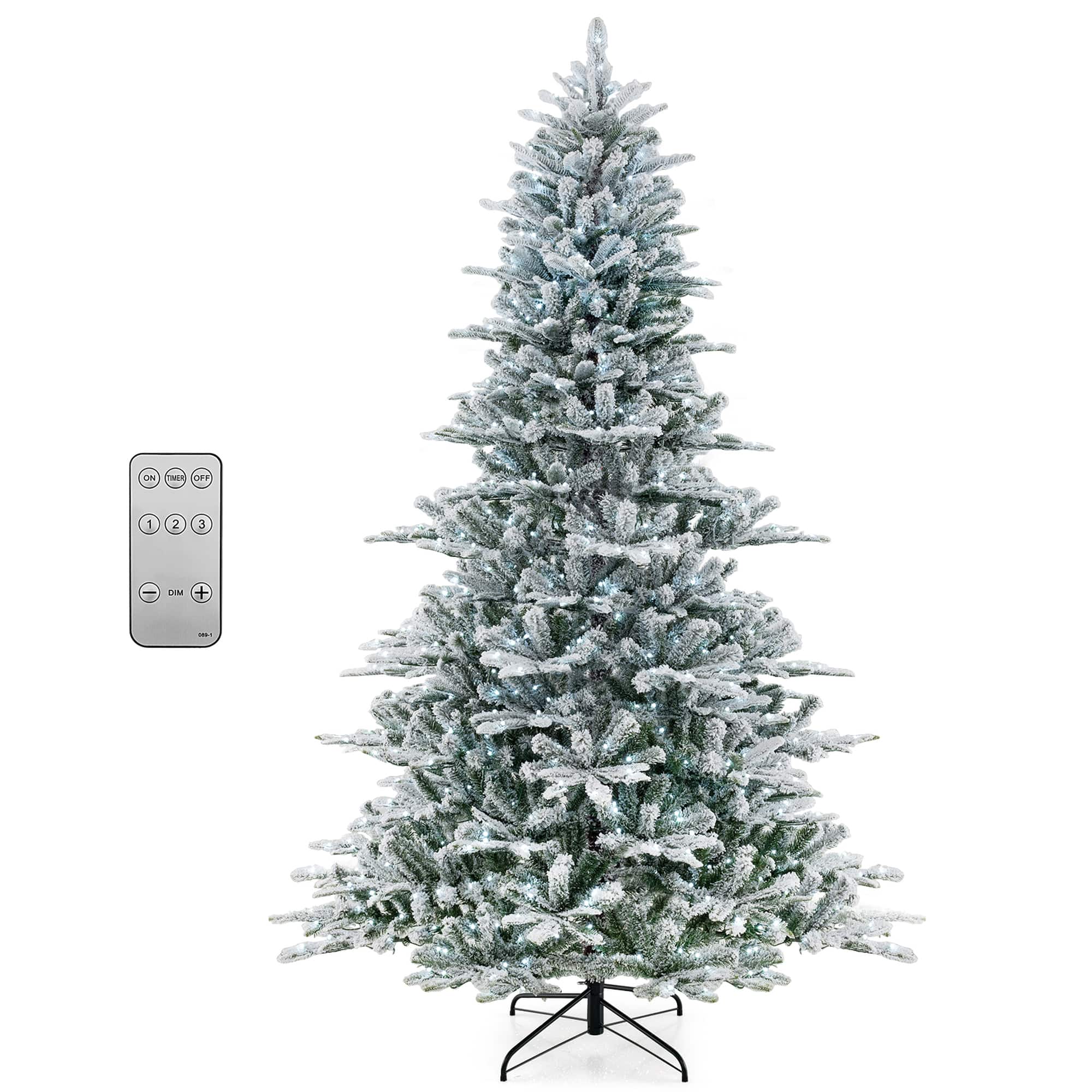 Costway - 8 FT Snow Flocked Artificial Christmas Tree with 1447 PVC & PE Tips 800 LED Lights - Green,White