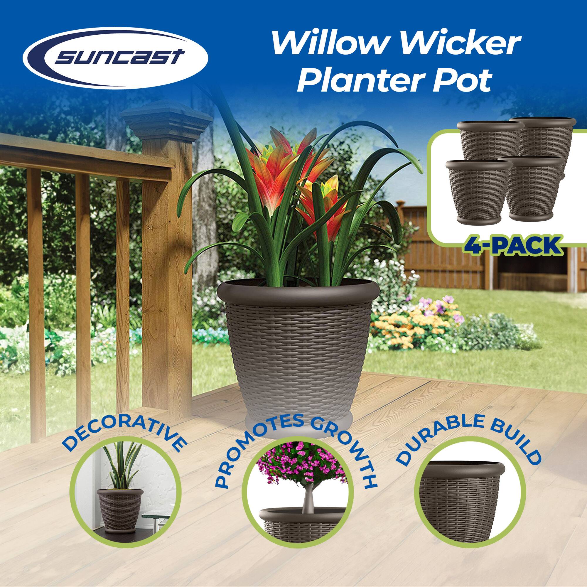 Sure, here is the corrected and grouped text from the image:

---

**Suncast Willow Wicker Planter Pot**

- **4-PACK**

- **Decorative**
- **Promotes Growth**
- **Durable Build**

---
