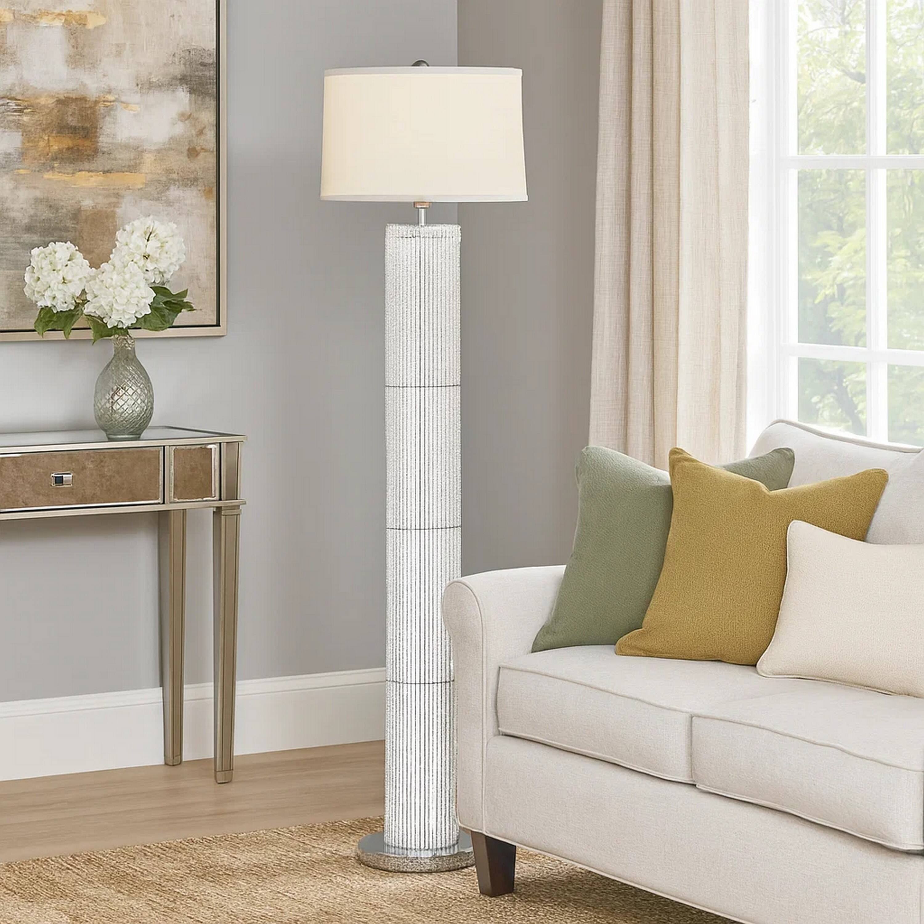 Alt View 3. Manhattan Lane - Jin 57 Inch Floor Lamp, Drum Fabric Shade, Modern Round Base.