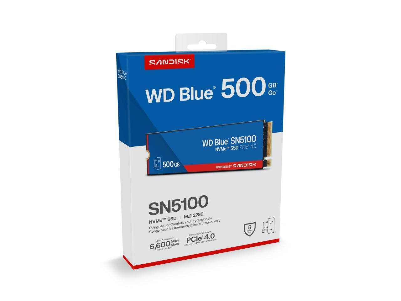 WD Blue SN5100  
500 GB  
NVMe™ SSD | M.2 2280  
Designed for Creators and Professionals  
Conçu pour les créateurs et les professionnels  
Up to 6,600 MB/s  
Read: 6,600 MB/s  
Write: 3,500 MB/s  
PCIe® 4.0  
Powered by SANDISK  
Compatible with PCIe® 4.0 and PCIe® 3.0  
5-Year Limited Warranty