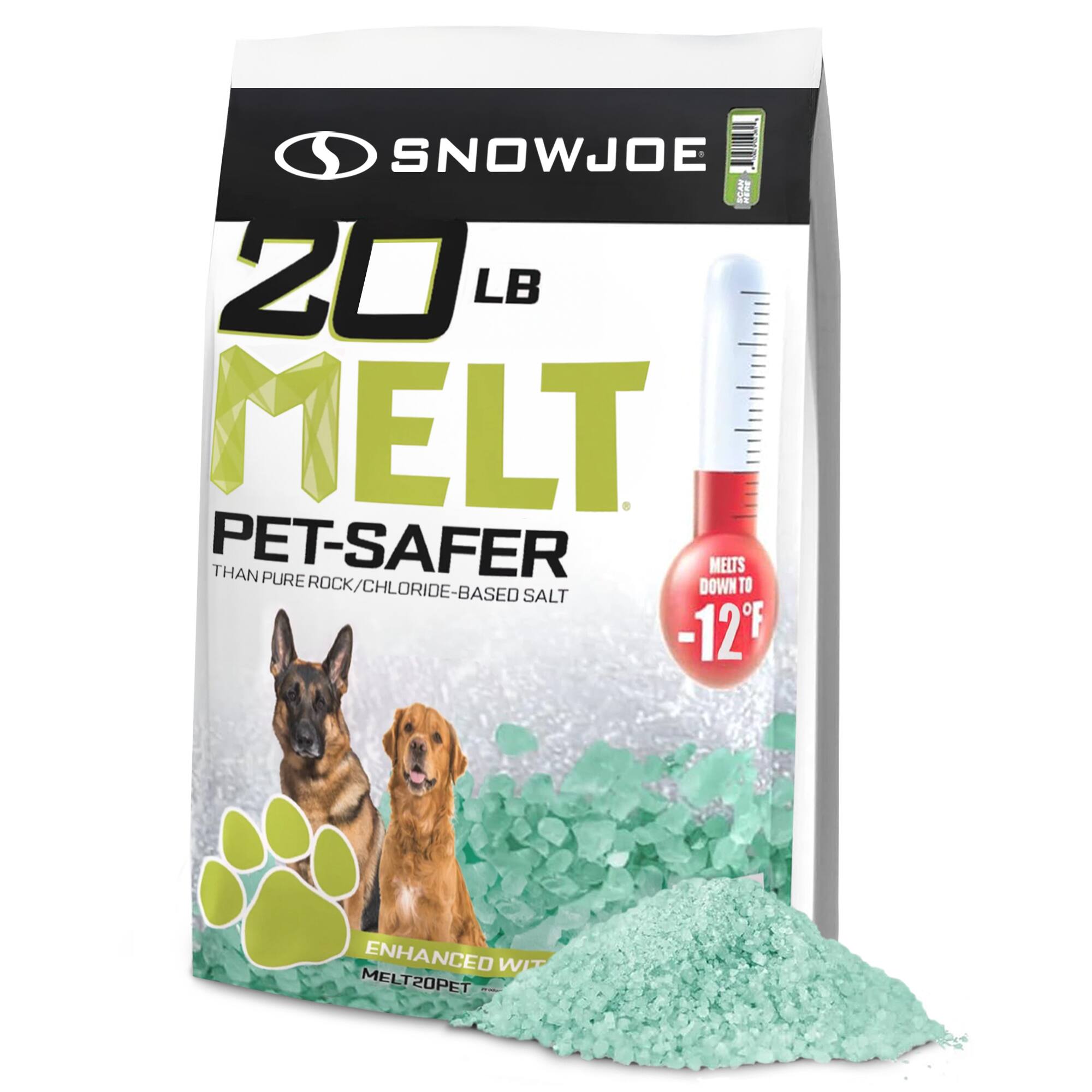 SNOWJOE  
20 LB MELT  
PET-SAFER  
THAN PURE ROCK/CHLORIDE-BASED SALT  

HEATS DOWN TO -12°F  

ENHANCED WITH MELT20PET