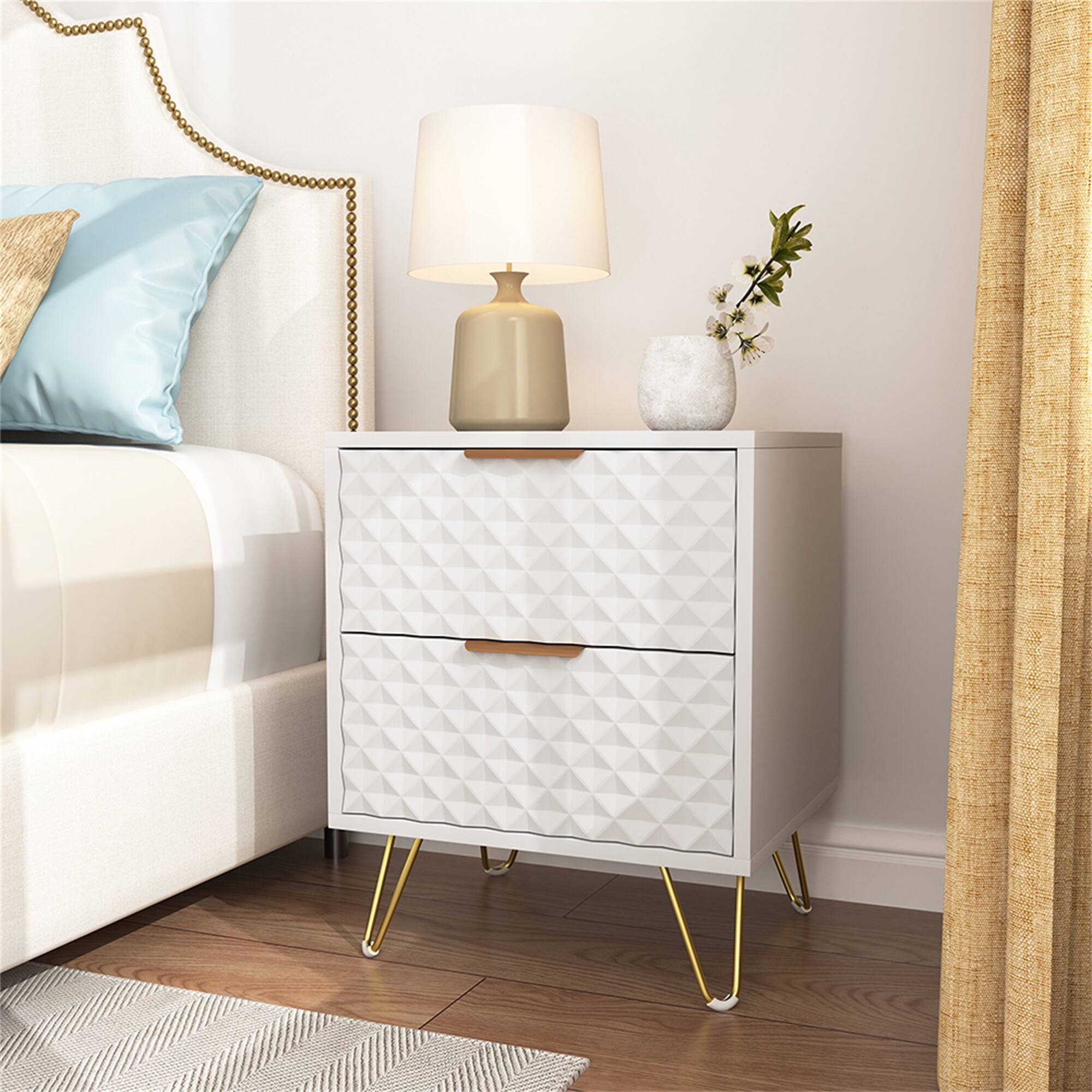 Alt View 1. Spaco - 2PCS Modern Nightstand with Diamond Texture, 2 Drawers, Gold Accents & Hairpin Legs, Bedroom Storage Cabinet - White.