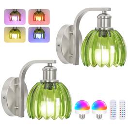 Dazzed Corner - Battery Operated Wall Sconce Set of Two with Green Glass Lampshade, with Remote Control