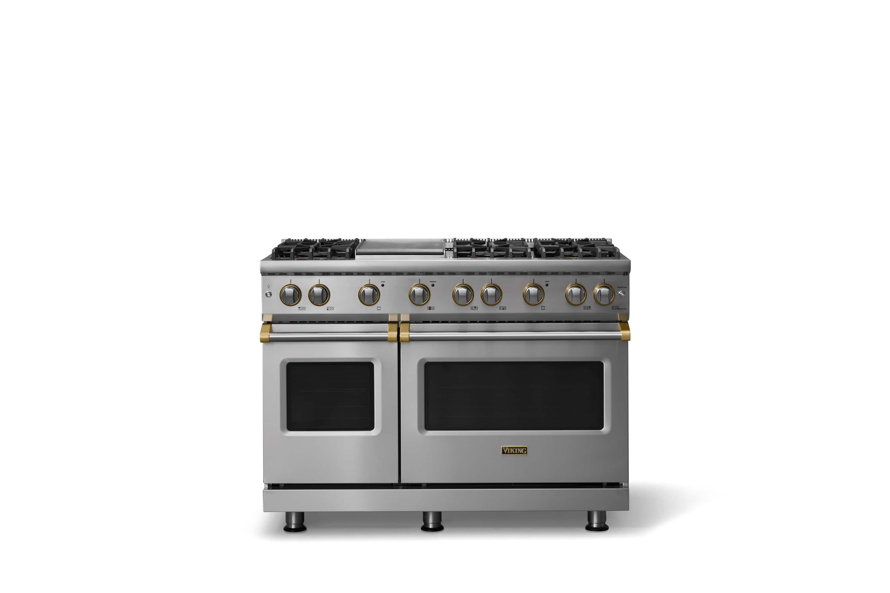 Viking - 48"W. 6.1 Cu. Ft. Freestanding Manual Clean Sealed 8B LP Gas Convection Range/Grdl/Double Oven-Stainless/Brushed Brass - Stainless Steel