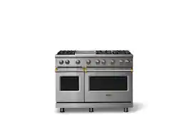 Viking - 48"W. 6.1 Cu.Ft. Freestanding Manual Clean Sealed 8B Gas Convection Range/Grdl/Double Oven-Stainless Steel/Brushed Brass - Stainless Steel