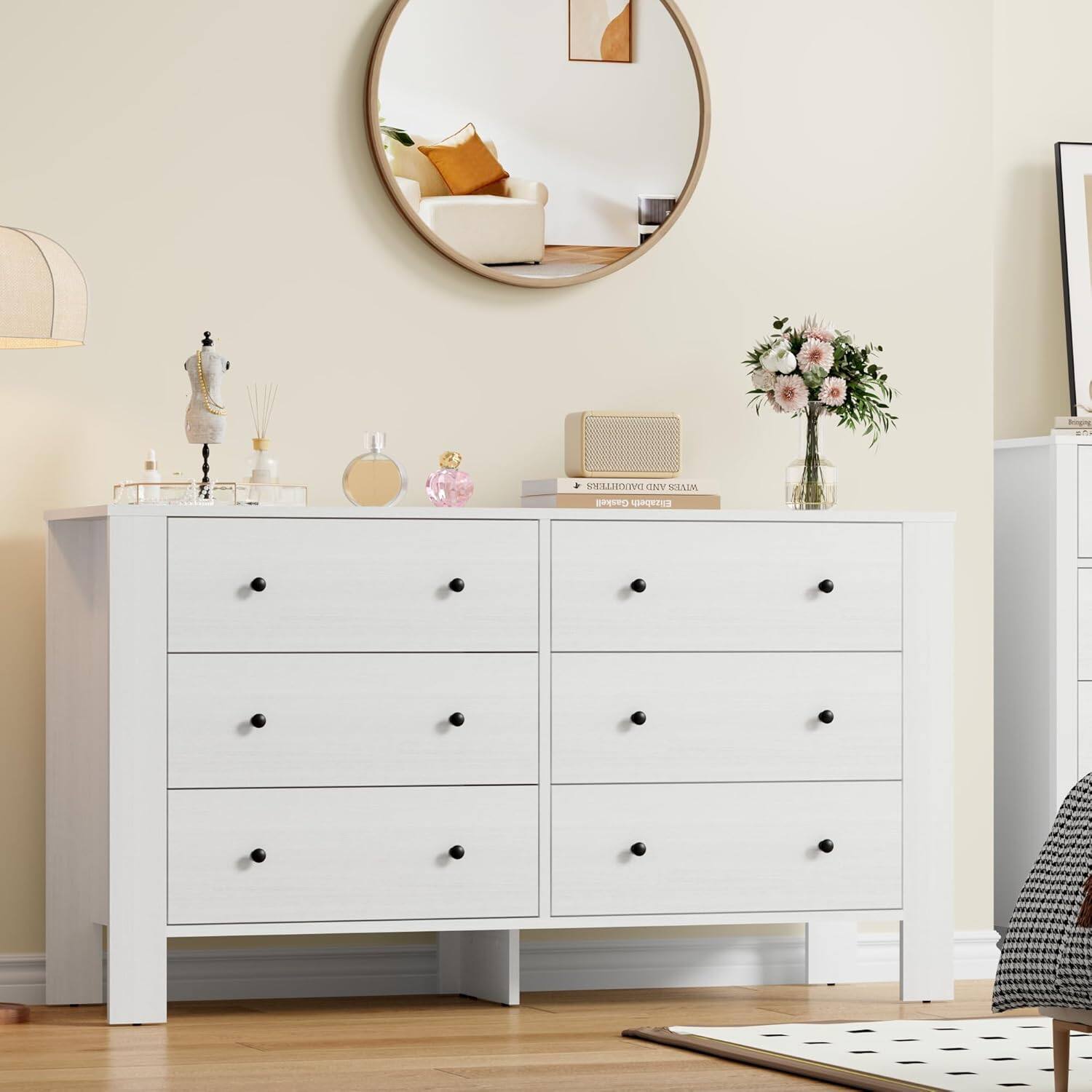 GARVEE - 6 Drawer Dresser for Bedroom, Wide Chest with Deep Drawers and Metal Knobs, Modern Storage for Hallway, Kids Room - White