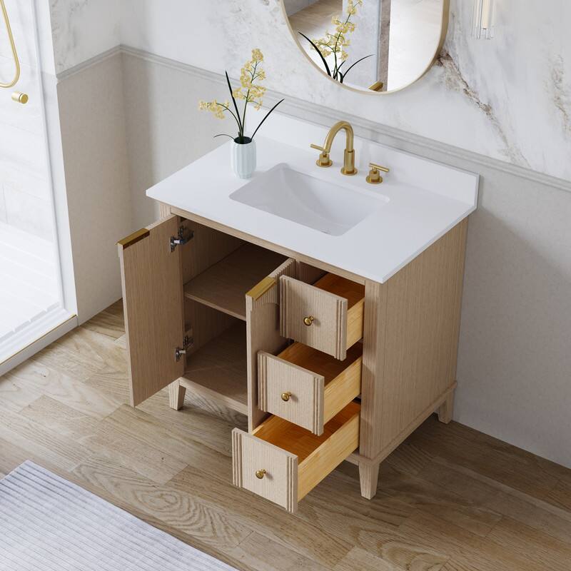 Left. WELLFOR - 36 in Modern Solid Wood Bathroom Vanity with Sink, Bathroom Cabinet with Soft-Close 2 Doors& 3 Drawers - Oak.