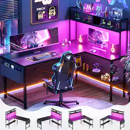 Aheaplus - 59" L Shaped Desk Gaming Desk with LED Light & Power Outlet - Black