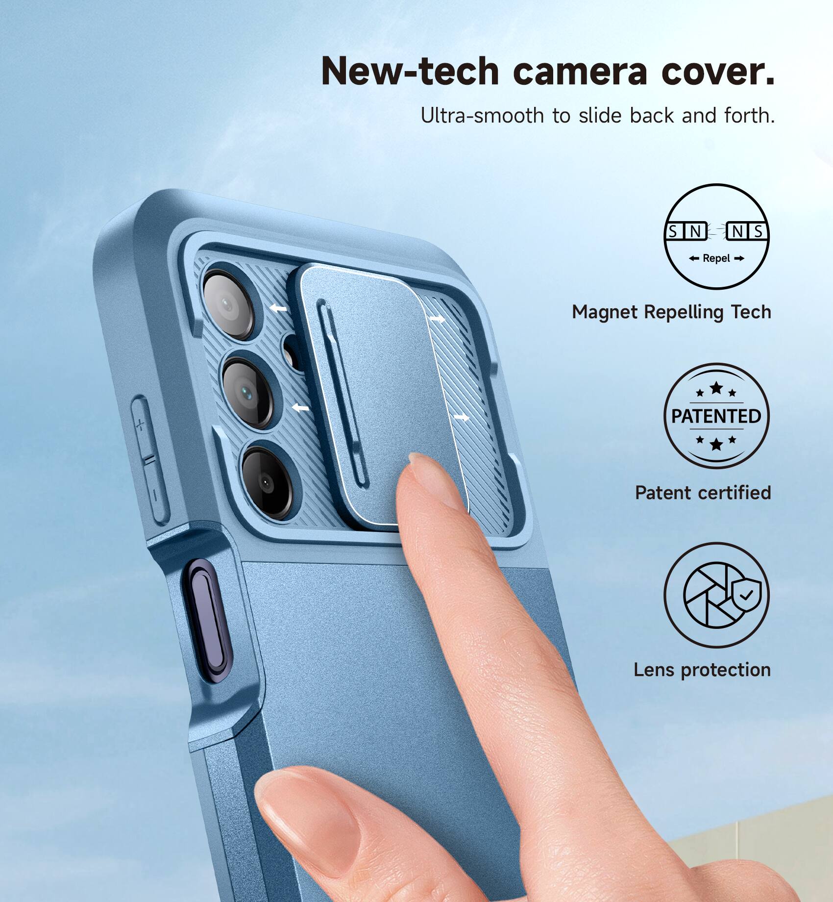 New-tech camera cover.  
Ultra-smooth to slide back and forth.  

- Magnet Repelling Tech  
- PATENTED  
- Patent certified  
- Lens protection