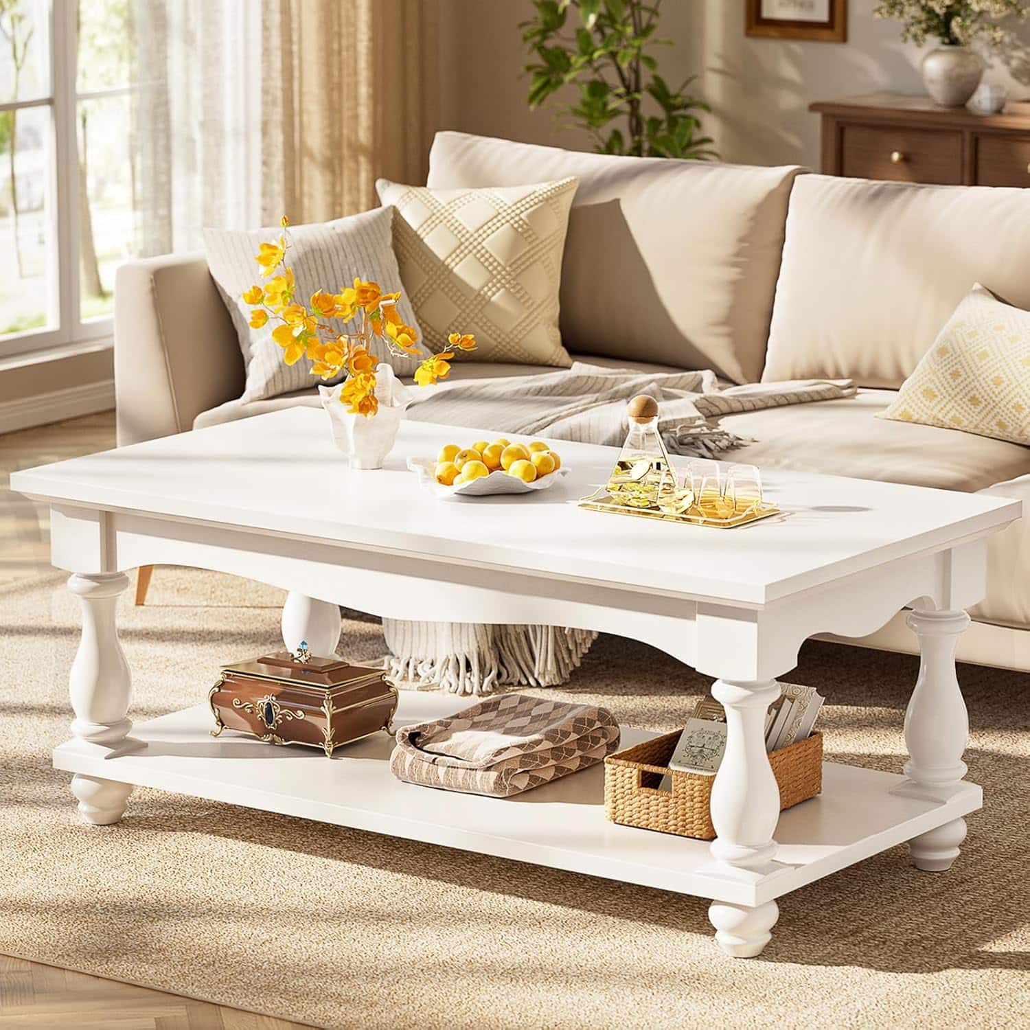Aheaplus - Wooden Coffee Table - 2-Tier Farmhouse Coffee Table with Storage for Living Room - White