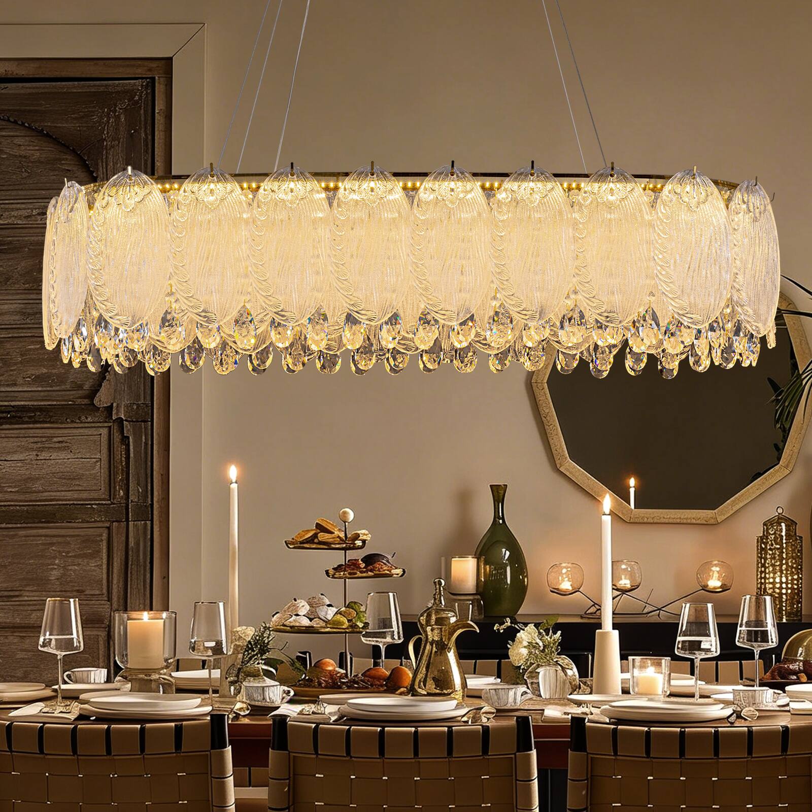 Angle. Siljoy - 37.5-inch  French Country Chandelier Gold Brass K9 Crystal Vintage Farmhouse Linear Pendant for Dining Kitchen Bedroom - Black.