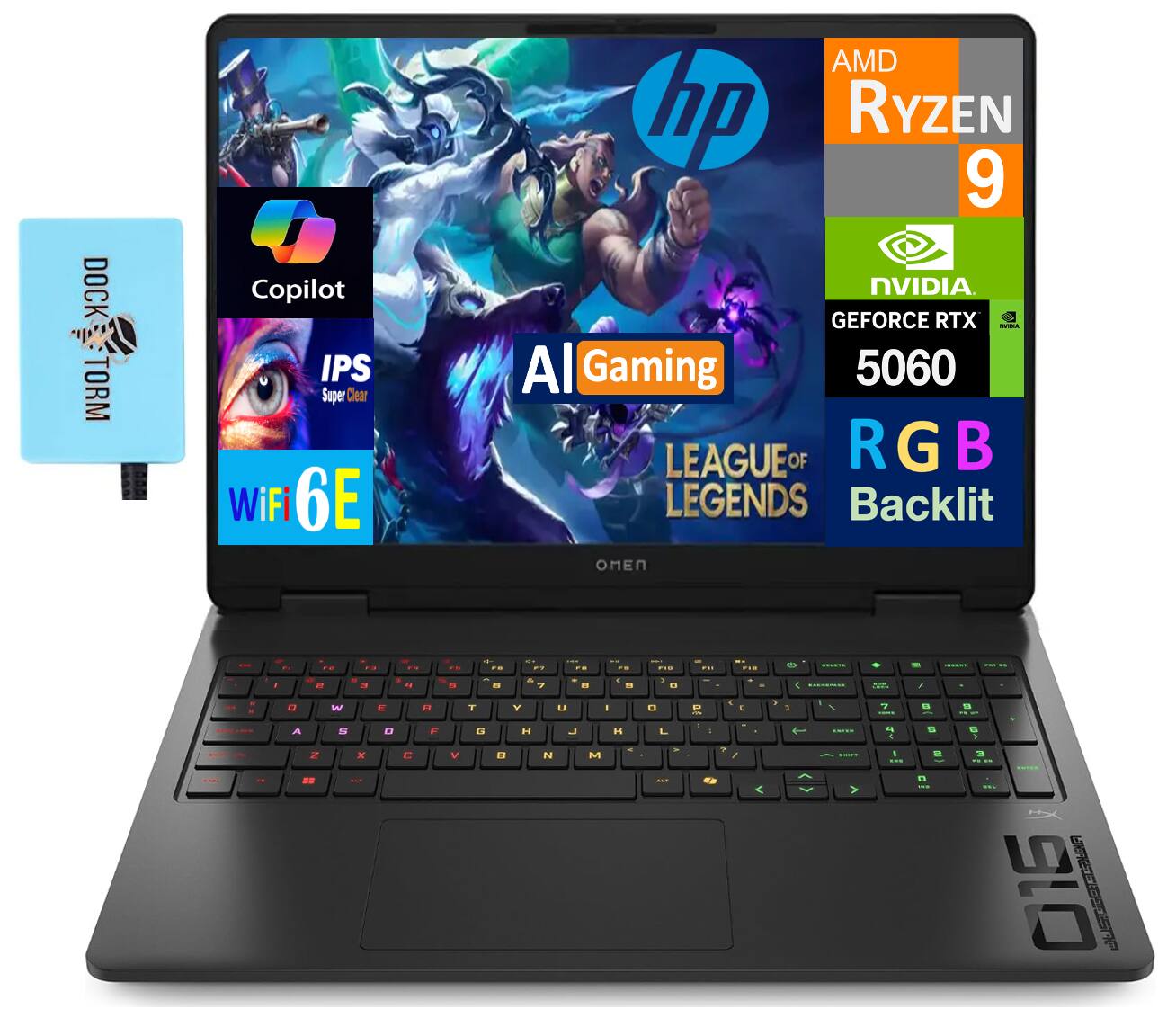DOCK-1 DOCK TORM Copilot IPS Super Clear WiFi 6E AMD Ryzen 9 NVIDIA GeForce RTX 5060 AI Gaming RGB Backlit LEAGUE OF LEGENDS OMEN